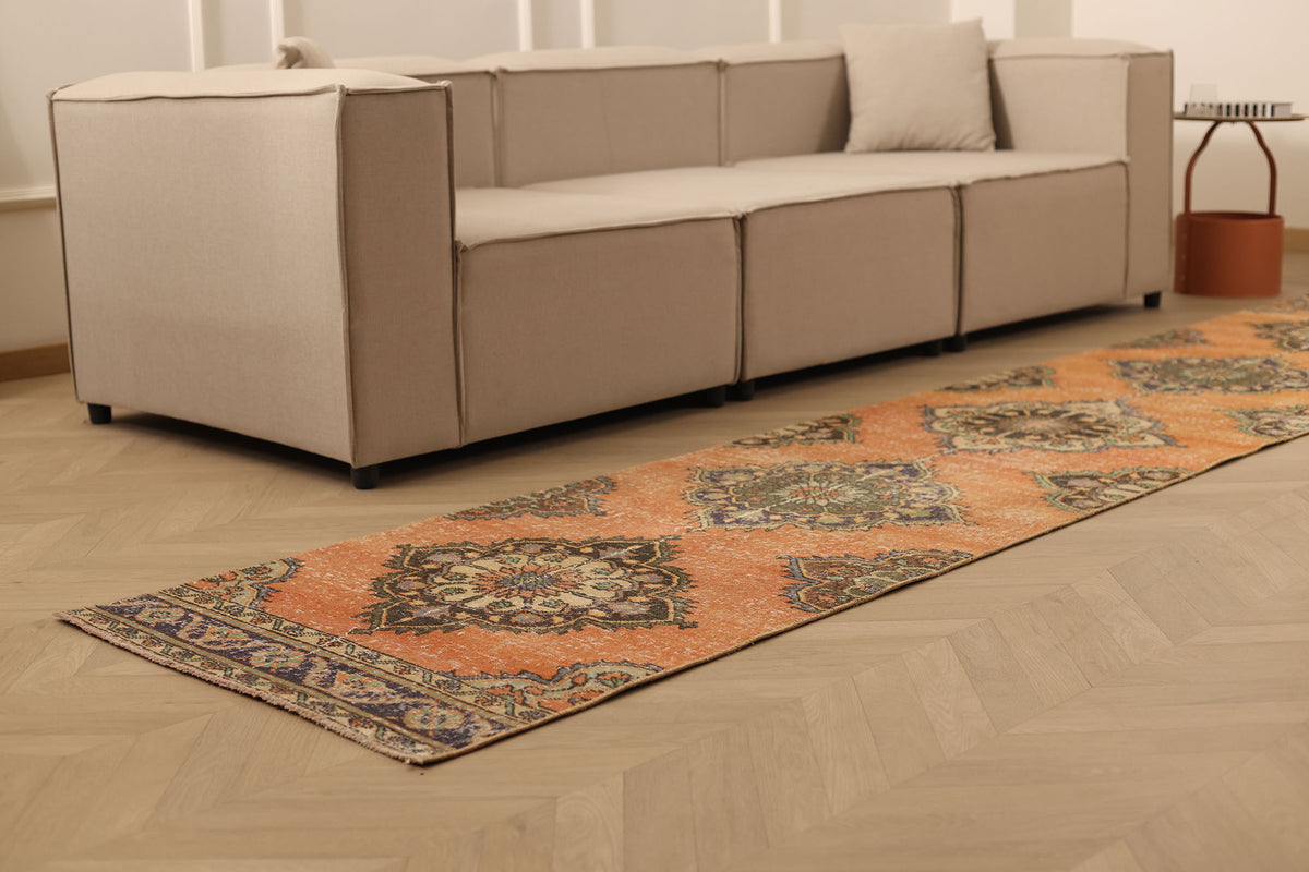 Vintage Konya Turkish Runner Rug 2x12 ft — Orange & Gray Floral
