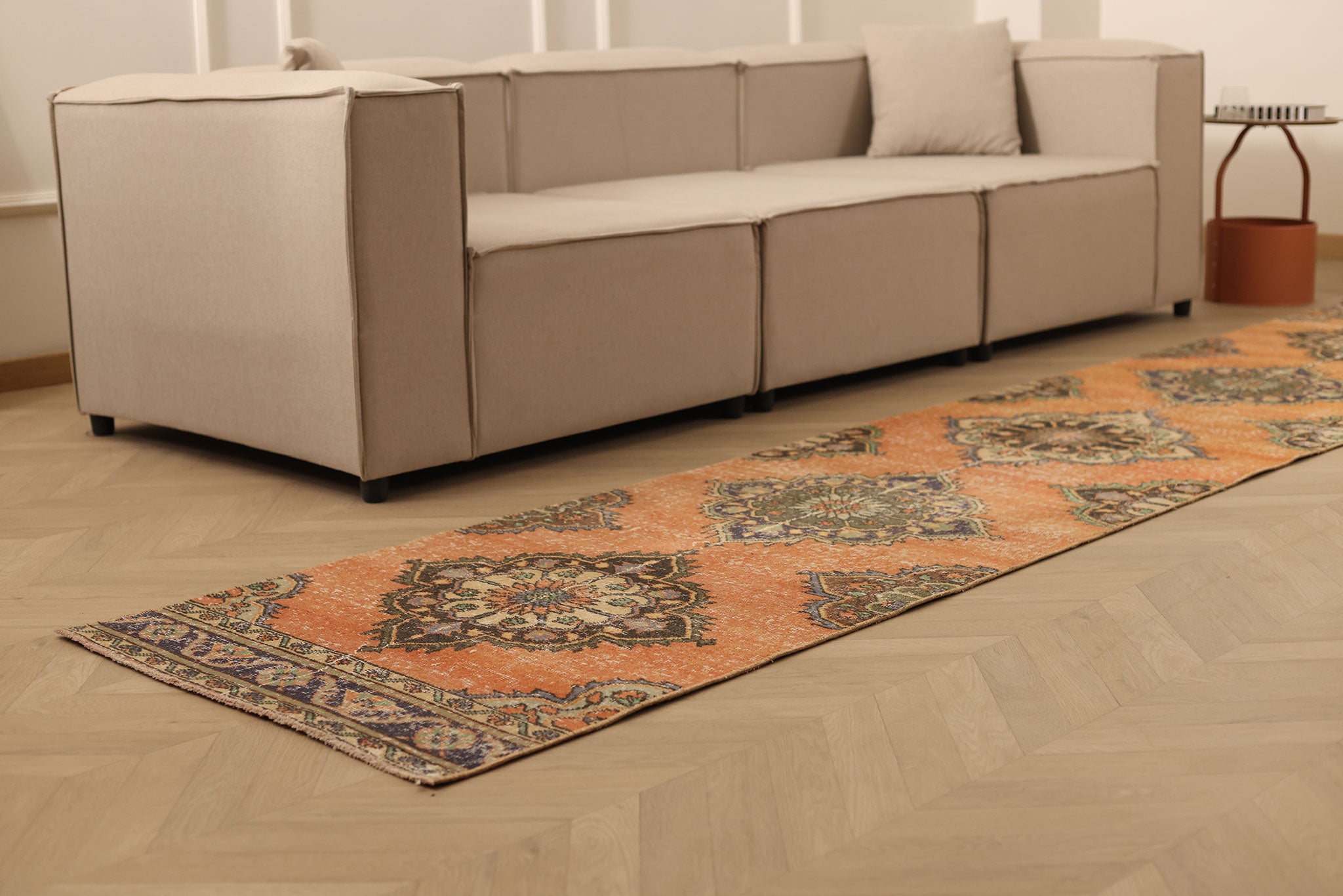 Vintage Konya Turkish Runner Rug 2x12 ft — Orange & Gray Floral