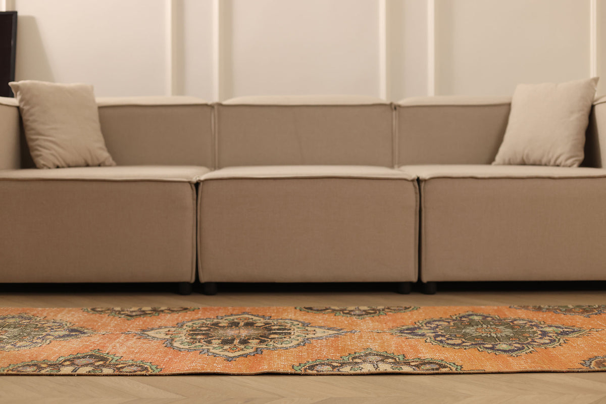 Vintage Konya Turkish Runner Rug 2x12 ft — Orange & Gray Floral