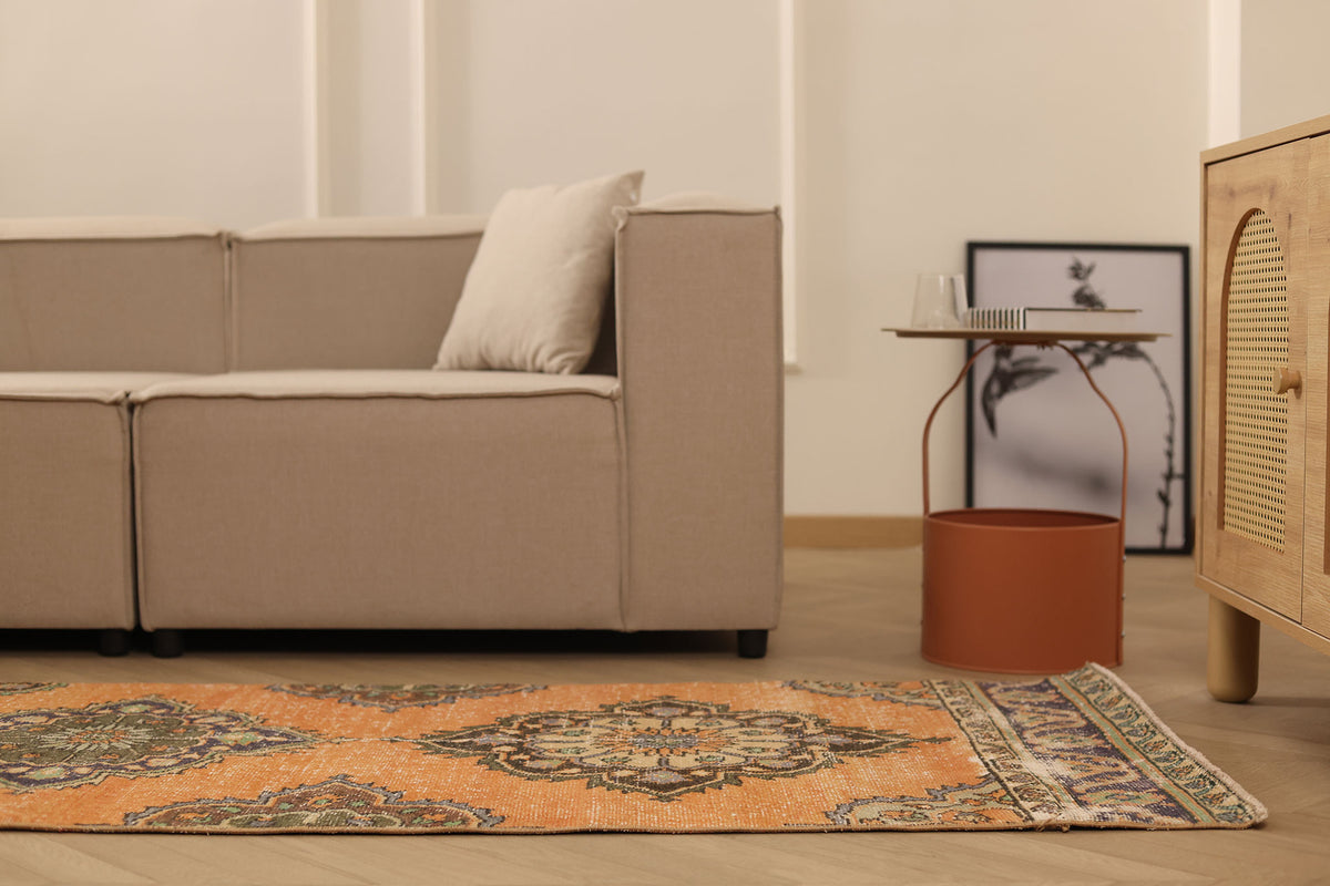 Vintage Konya Turkish Runner Rug 2x12 ft — Orange & Gray Floral