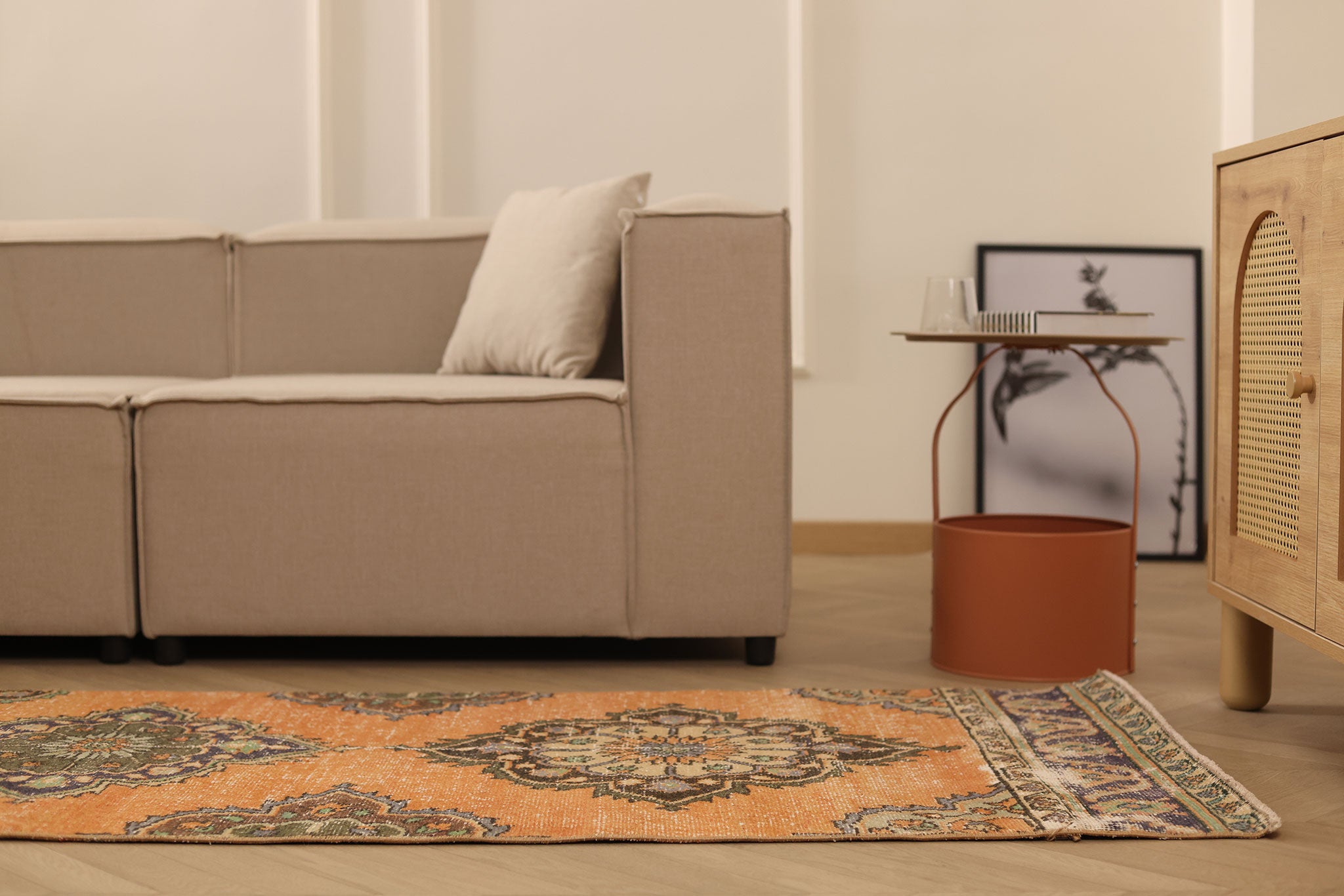 Vintage Konya Turkish Runner Rug 2x12 ft — Orange & Gray Floral