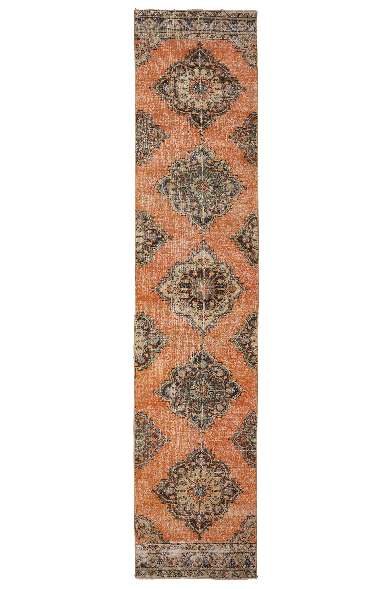 Vintage Konya Turkish Runner Rug 2x12 ft — Orange & Gray Floral