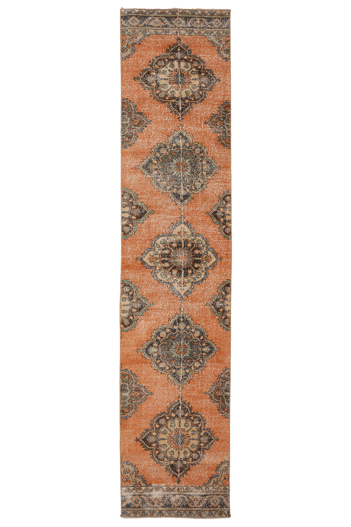 Vintage Konya Turkish Runner Rug 2x12 ft — Orange & Gray Floral