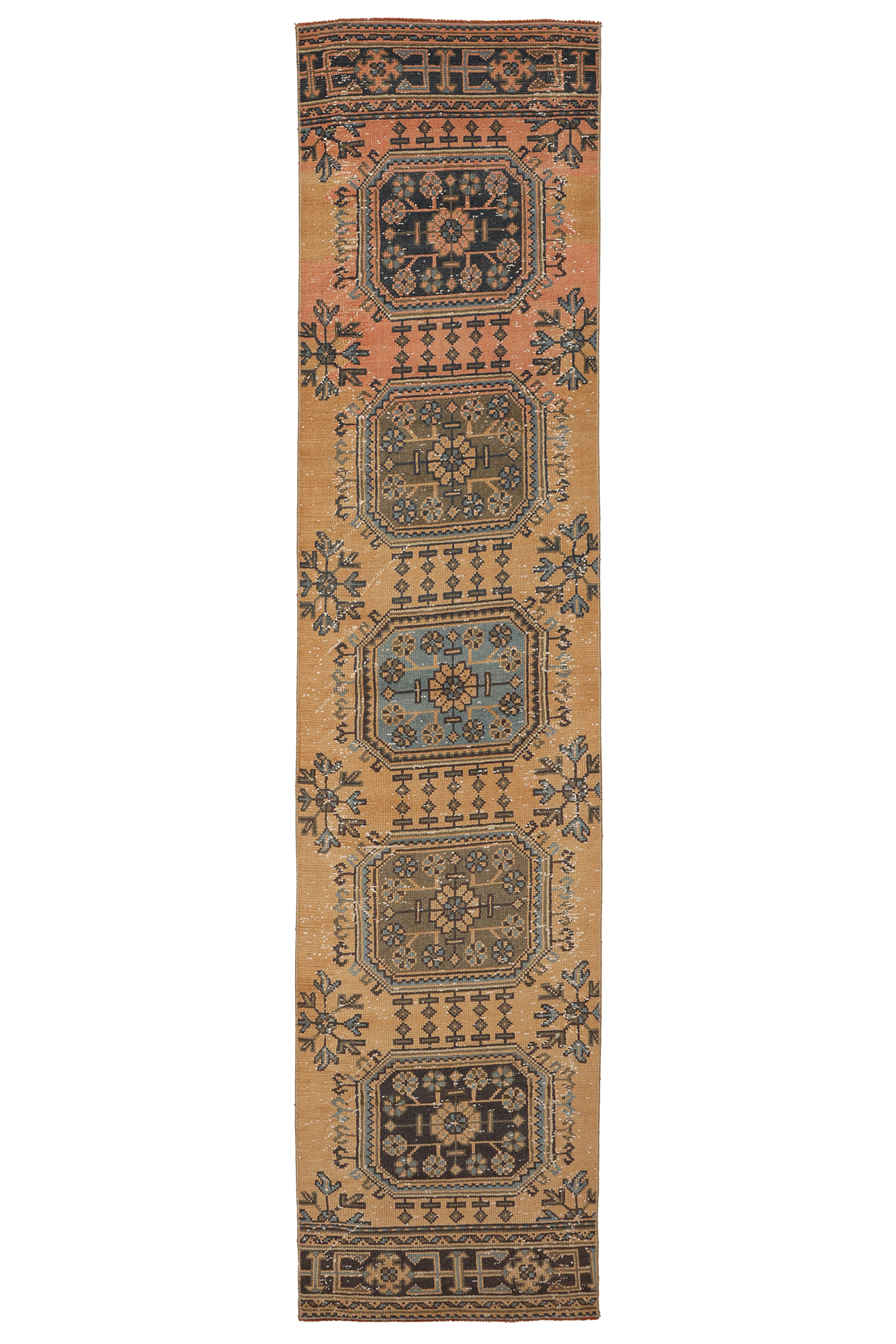 Vintage Konya Turkish Runner Rug 2x11 ft — Orange & Brown Geometric (No. 29076)