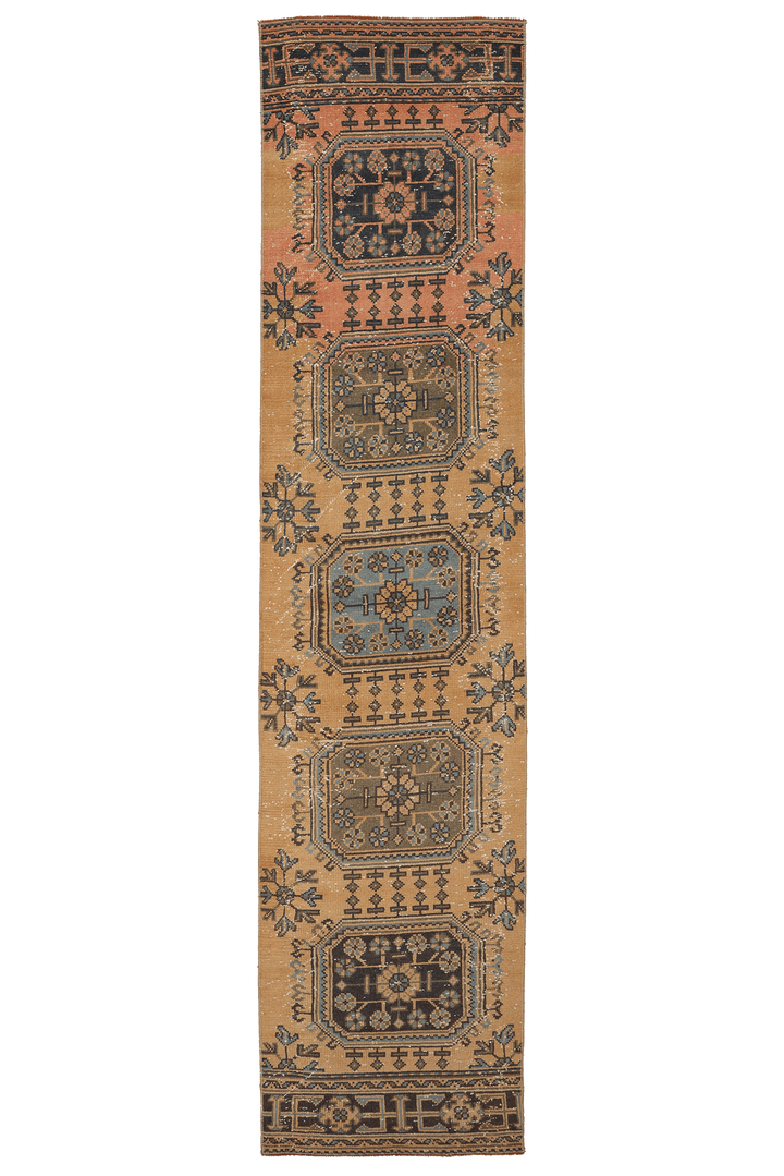 Vintage Konya Turkish Runner Rug 2x11 ft — Orange & Brown Geometric (No. 29076)