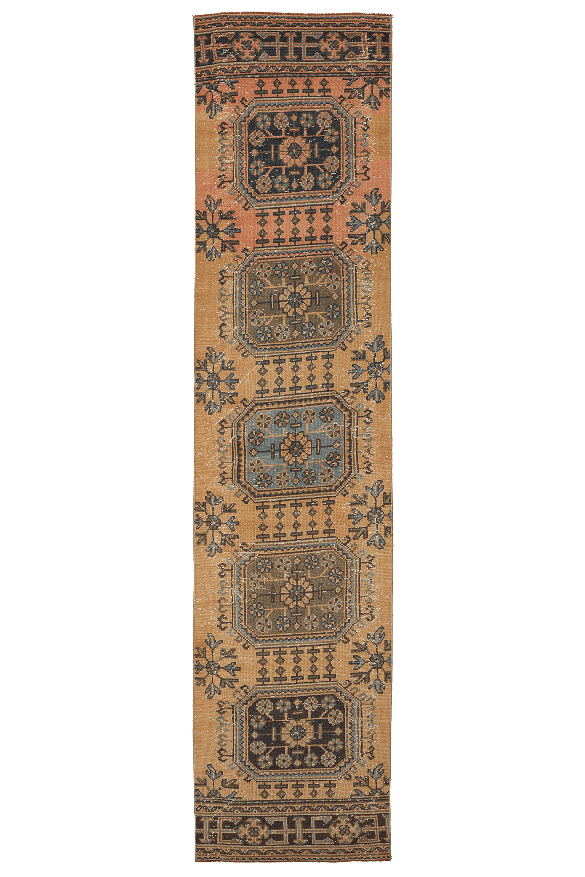 Vintage Konya Turkish Runner Rug 2x11 ft — Orange & Brown Geometric (No. 29076)