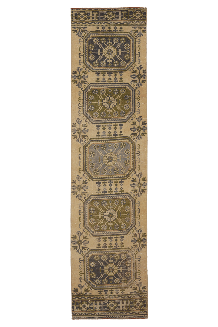 Vintage Konya Turkish Runner Rug 2x11 ft — Beige & Green Geometric