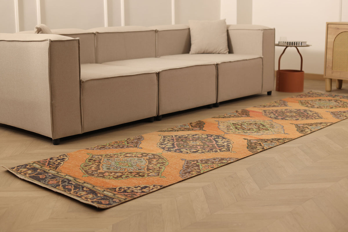 Vintage Konya Turkish Runner Rug 3x12 ft — Orange & Brown maximalist