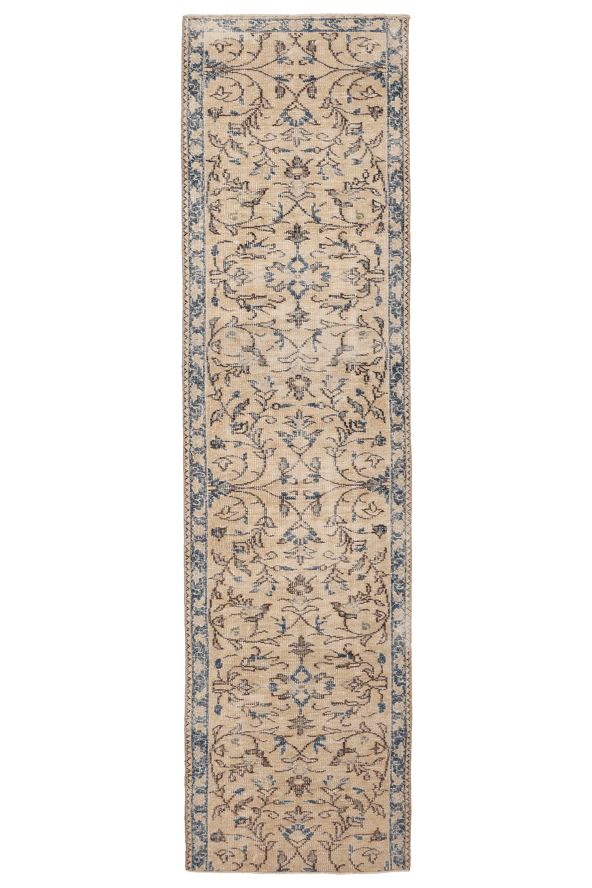 Vintage Isparta Turkish Runner Rug 2x10 ft — Beige & Blue Floral