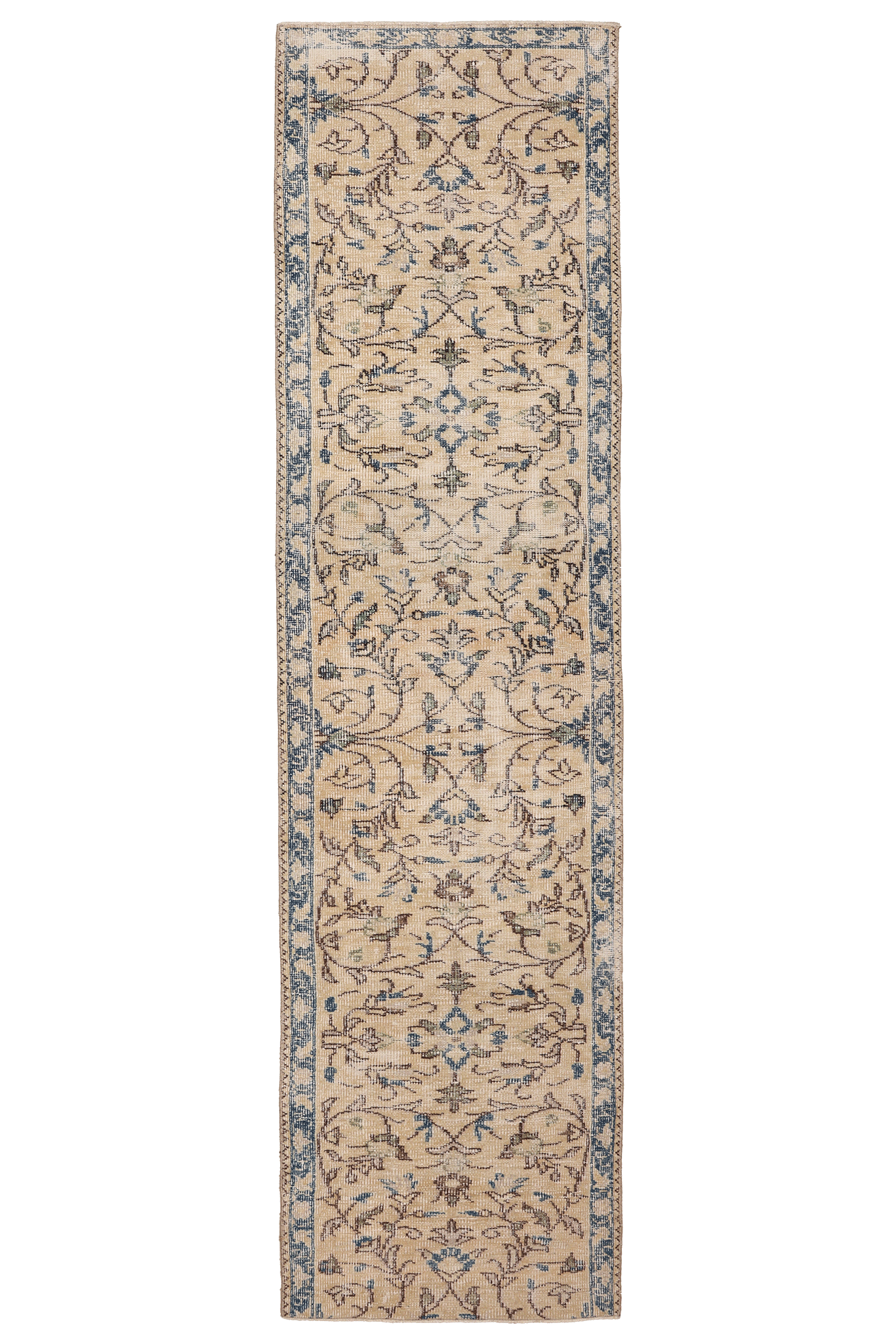 Vintage Isparta Turkish Runner Rug 2x10 ft — Beige & Blue Floral