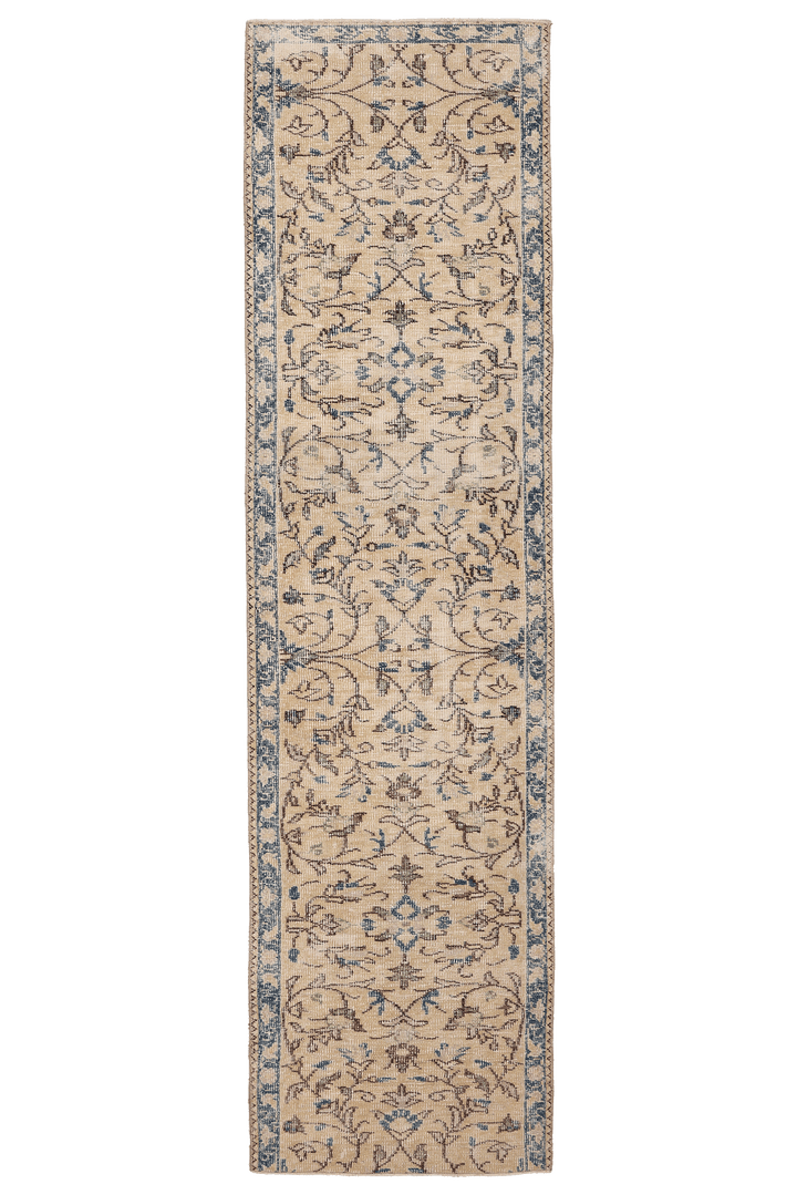 Vintage Isparta Turkish Runner Rug 2x10 ft — Beige & Blue Floral