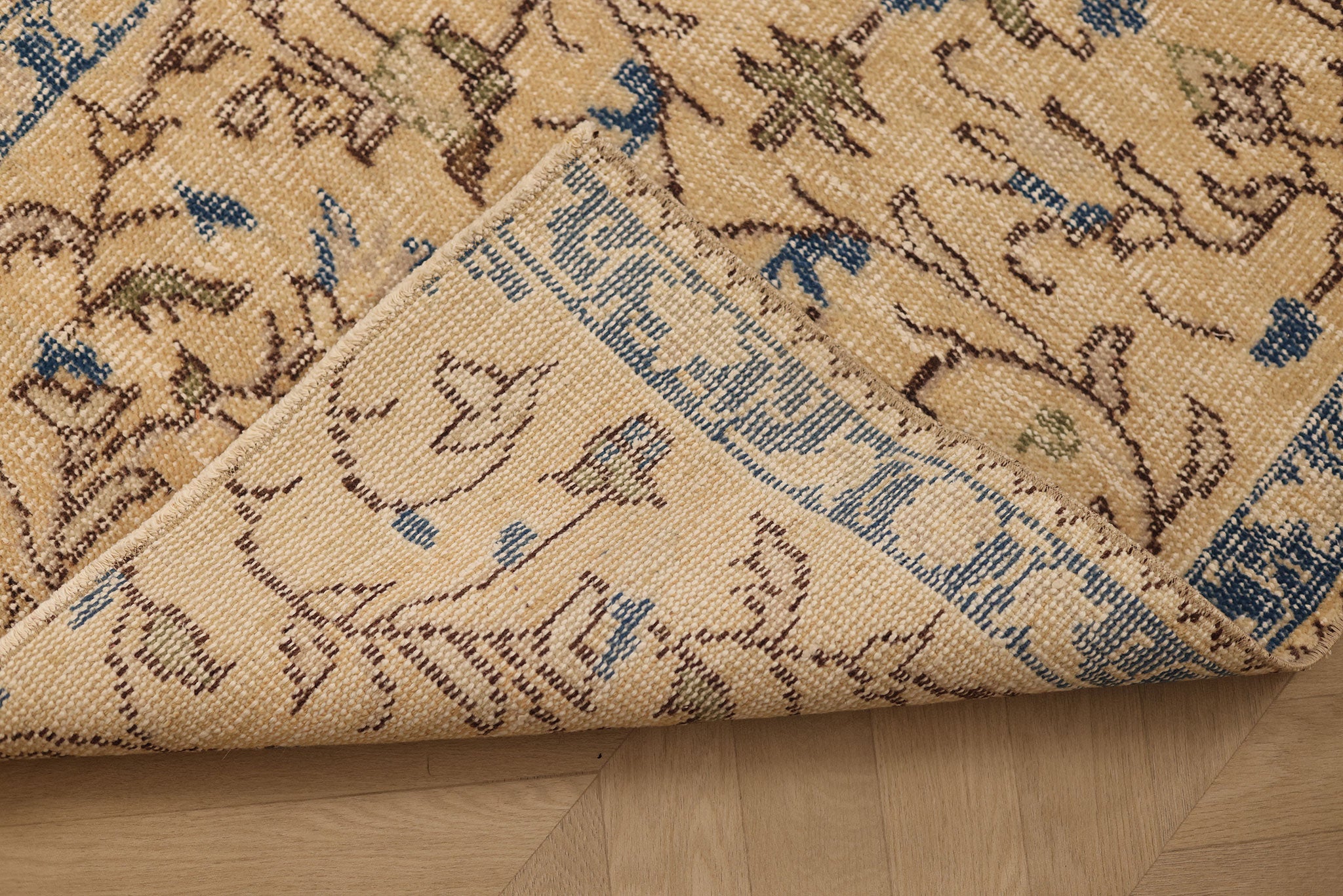 Vintage Isparta Turkish Runner Rug 2x10 ft — Beige & Blue Floral