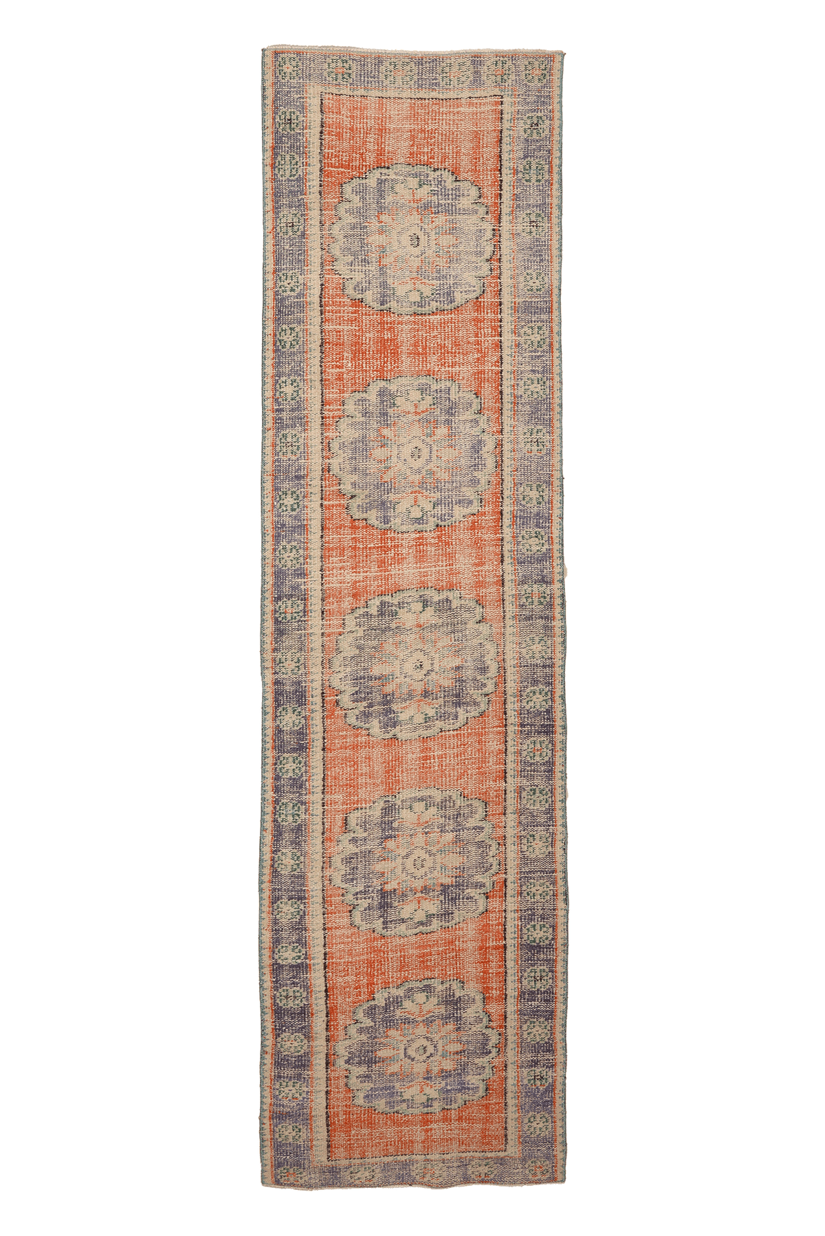 Vintage Manisa Turkish Runner Rug 2x10 ft — Orange & Blue Floral (No. 29097)