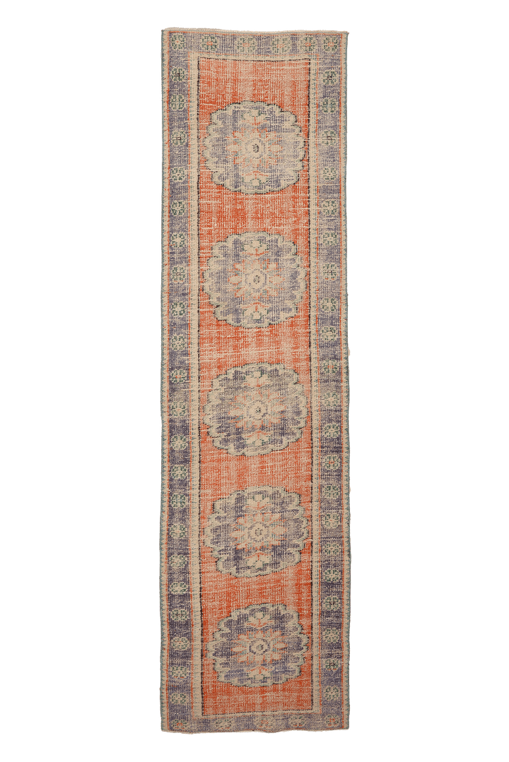Vintage Manisa Turkish Runner Rug 2x10 ft — Orange & Blue Floral (No. 29097)