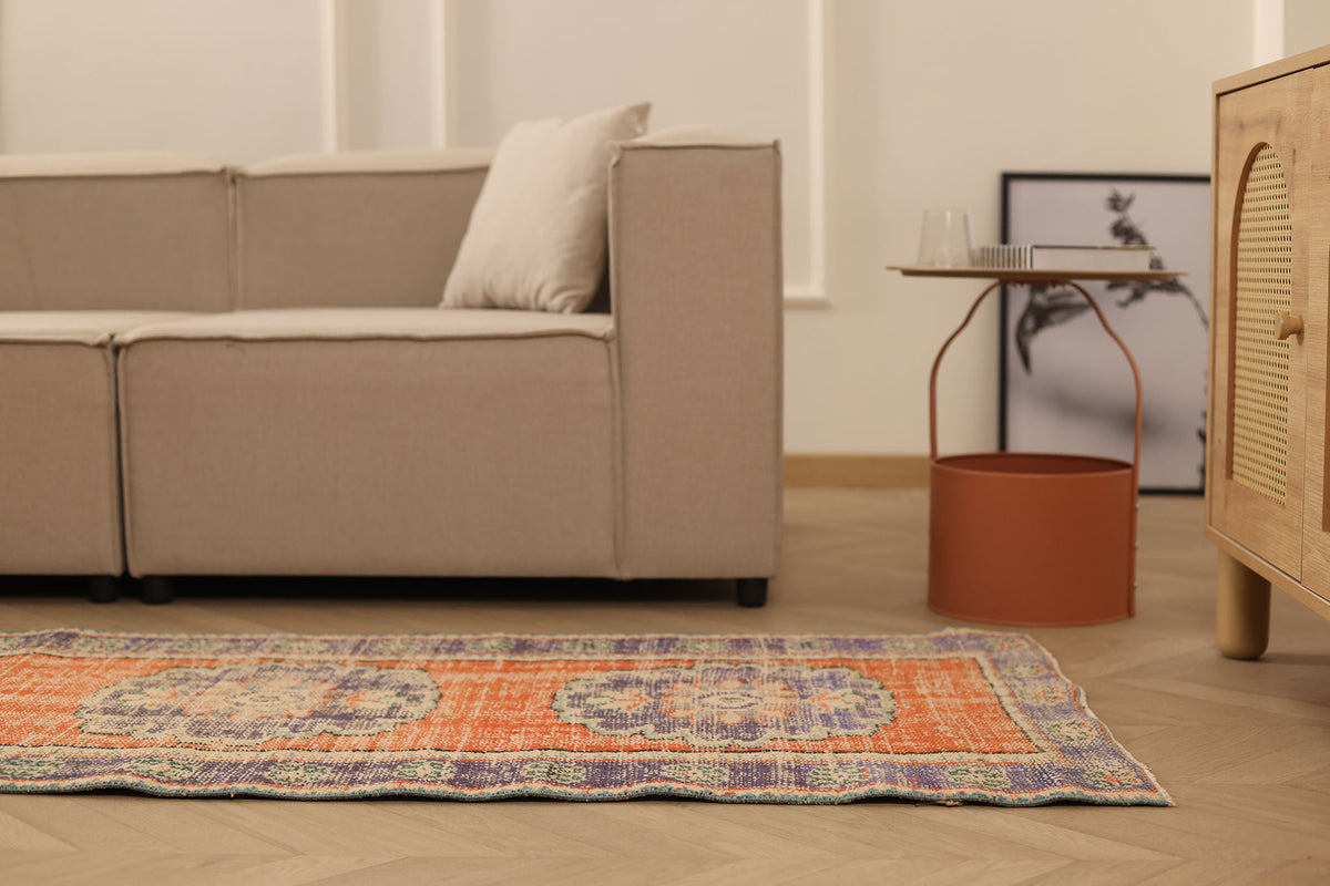 Vintage Manisa Turkish Runner Rug 2x10 ft — Orange & Blue Floral (No. 29097)