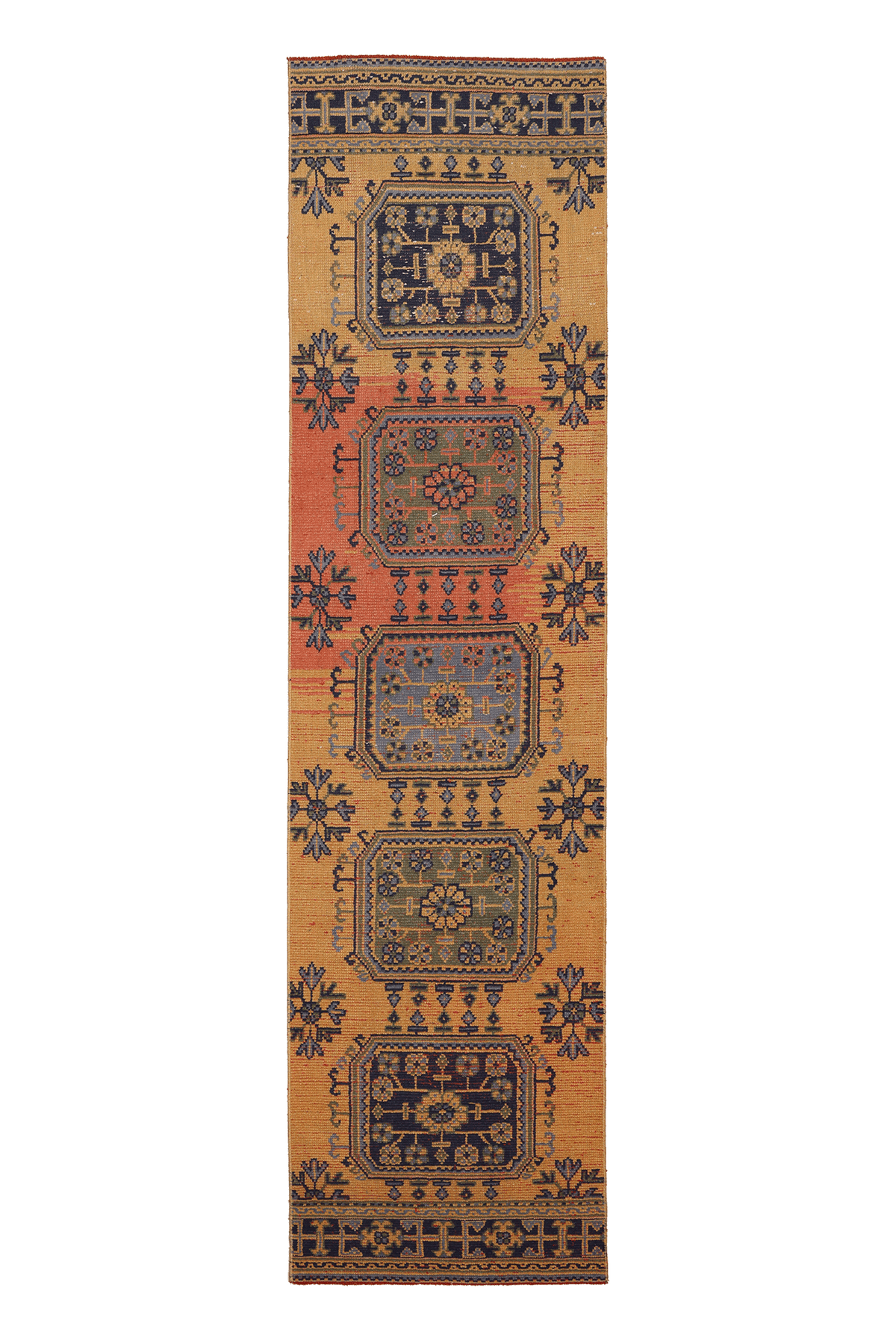 Vintage Konya Turkish Runner Rug 2x10 ft — Orange & Blue Geometric