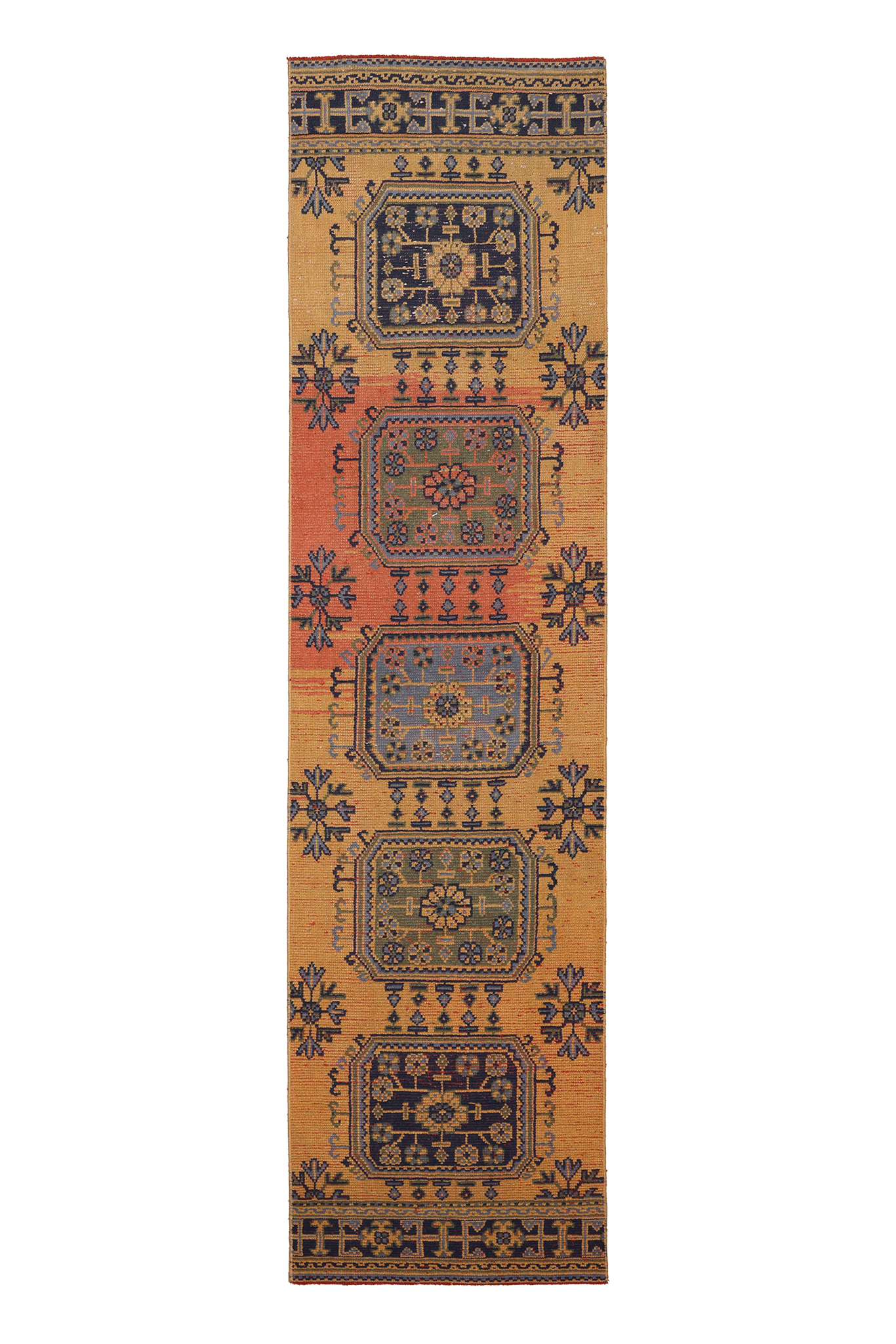 Vintage Konya Turkish Runner Rug 2x10 ft — Orange & Blue Geometric