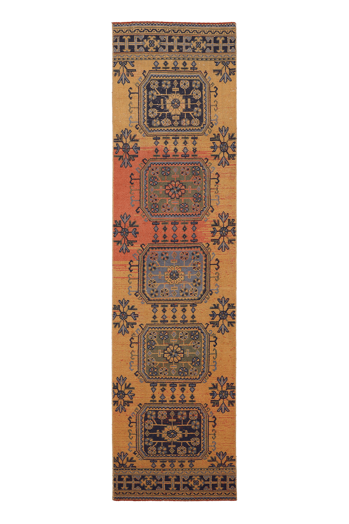 Vintage Konya Turkish Runner Rug 2x10 ft — Orange & Blue Geometric