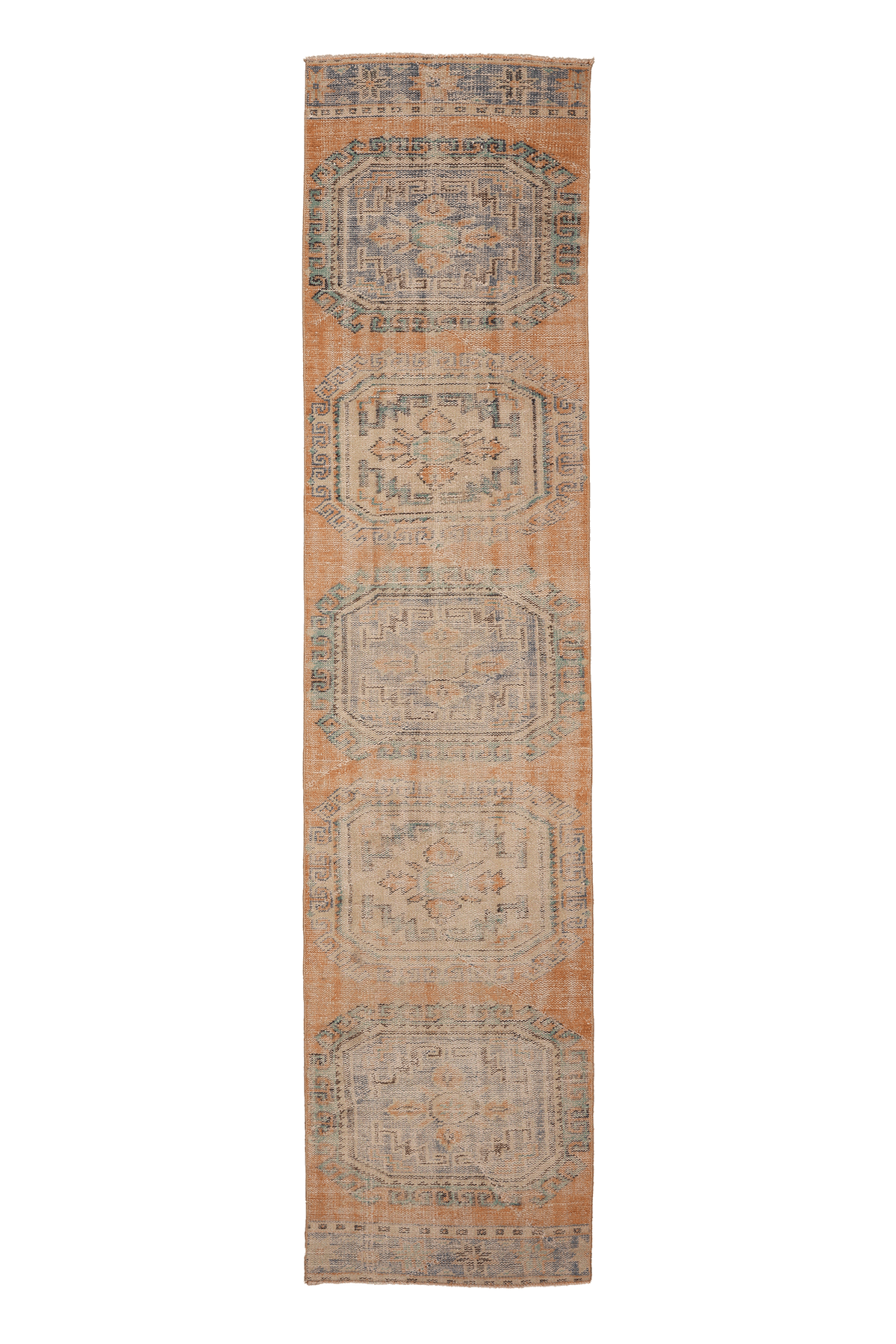 Vintage Manisa Turkish Runner Rug 2x11 ft — Orange & Blue Geometric