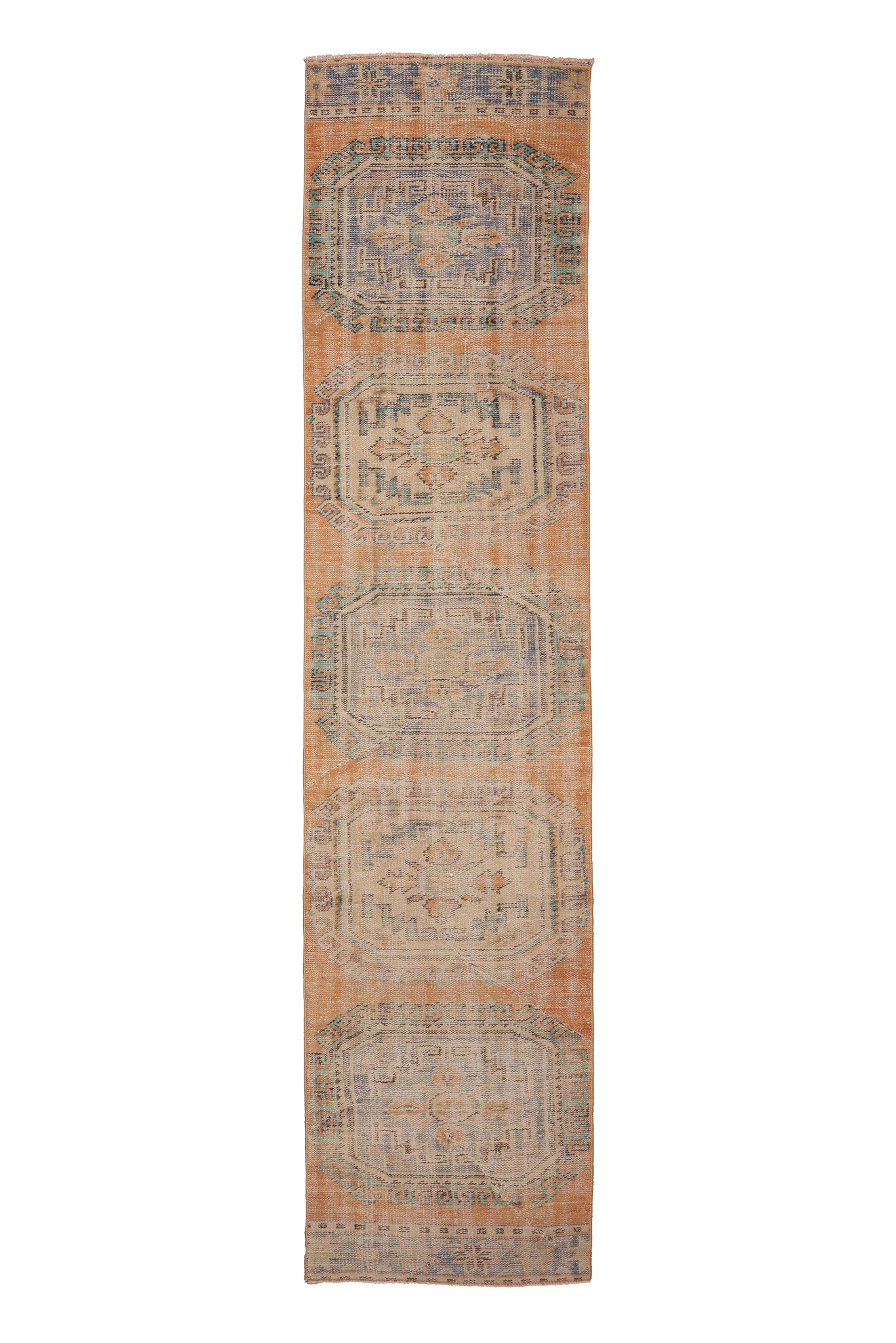 Vintage Manisa Turkish Runner Rug 2x11 ft — Orange & Blue Geometric
