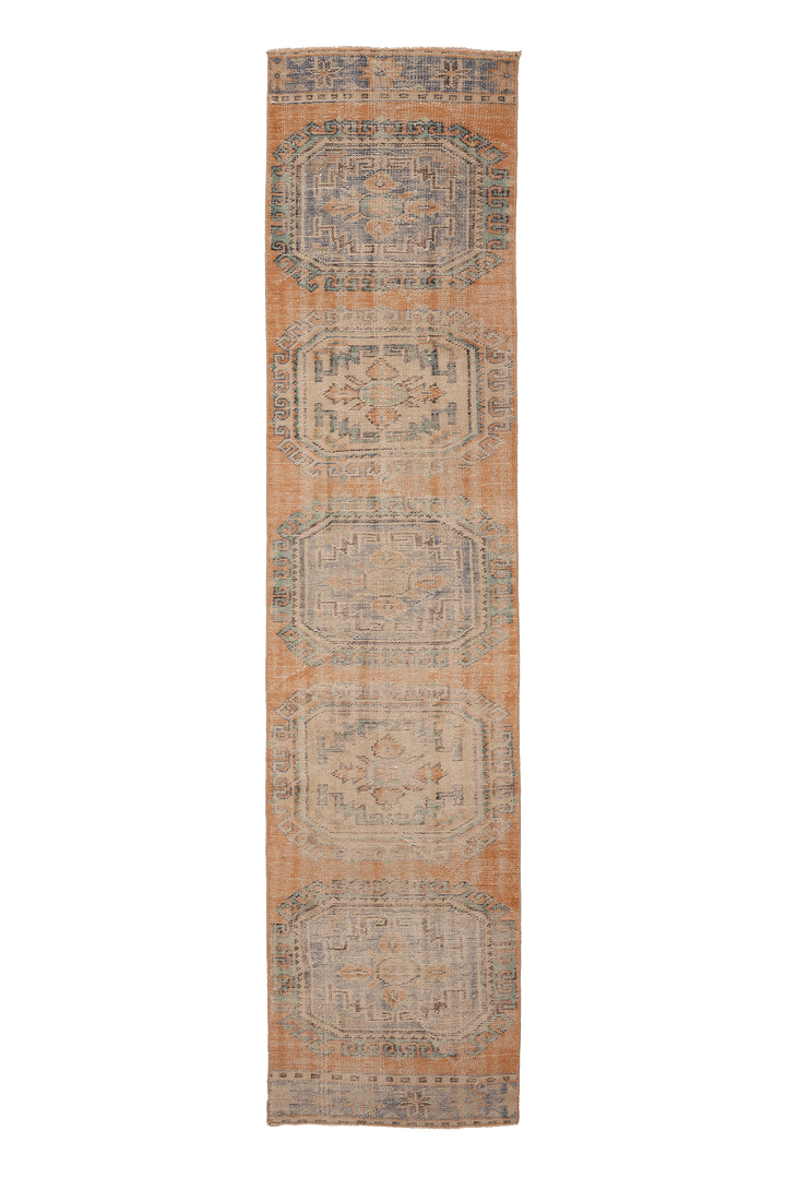 Vintage Manisa Turkish Runner Rug 2x11 ft — Orange & Blue Geometric