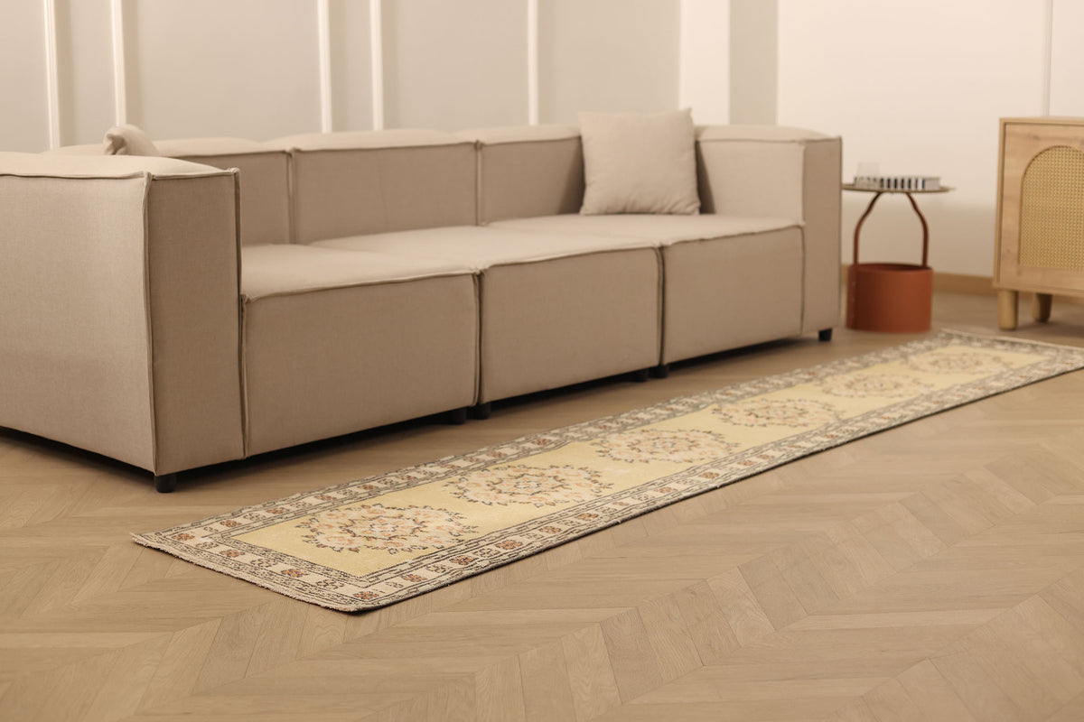 Vintage Manisa Turkish Runner Rug 2x10 ft — Beige & Brown Geometric (No. 29123)