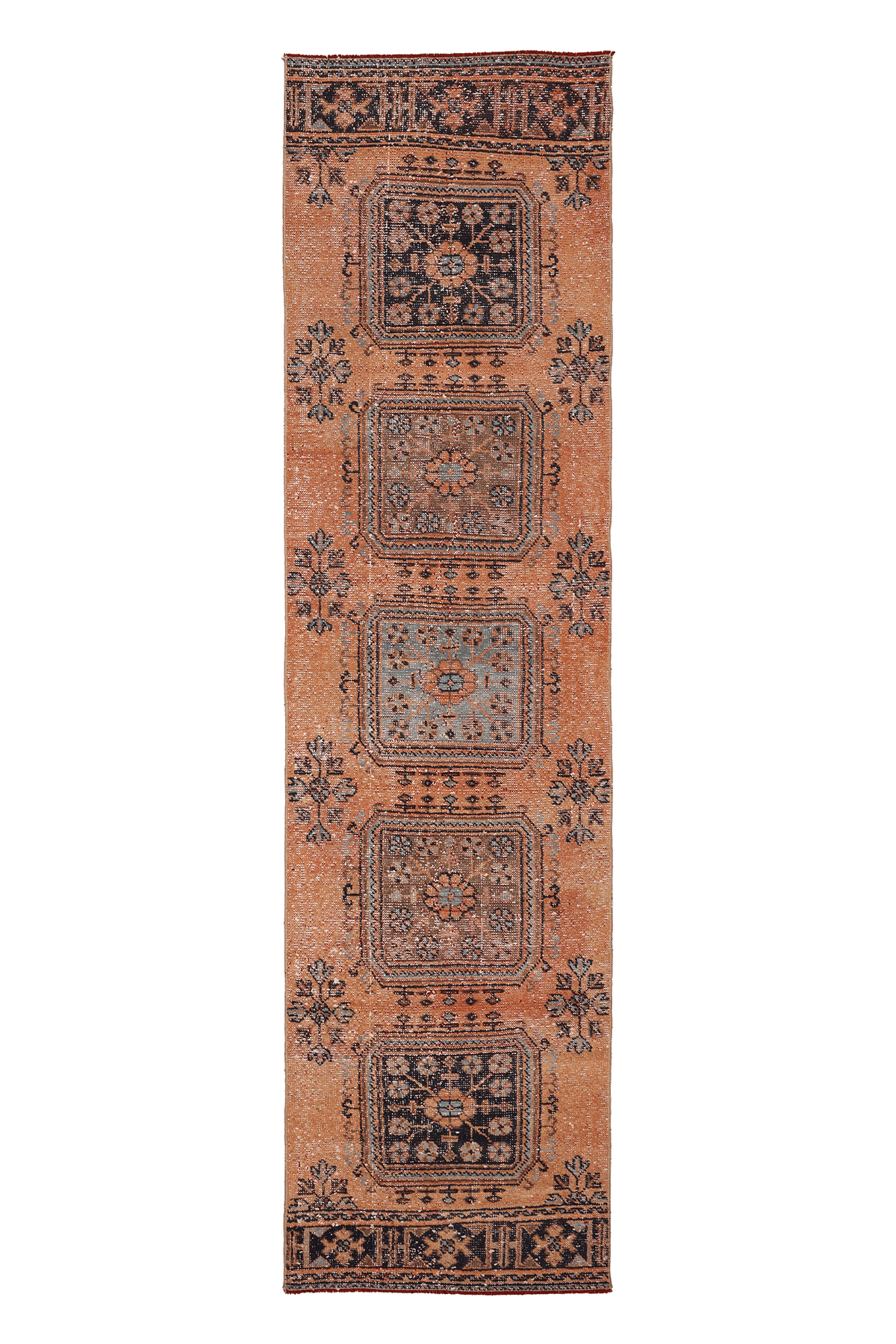 Vintage Konya Turkish Runner Rug 2x10 ft — Orange & Blue Geometric (No. 29149)