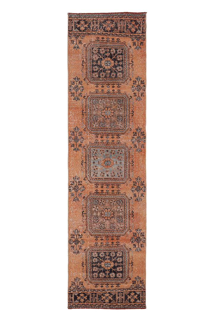 Vintage Konya Turkish Runner Rug 2x10 ft — Orange & Blue Geometric (No. 29149)