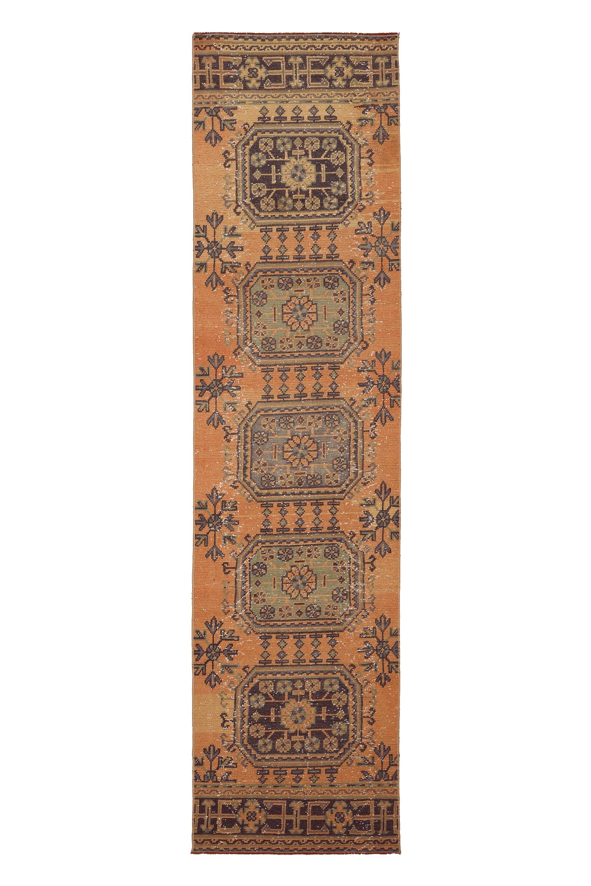 Vintage Konya Turkish Runner Rug 2x10 ft — Orange Geometric
