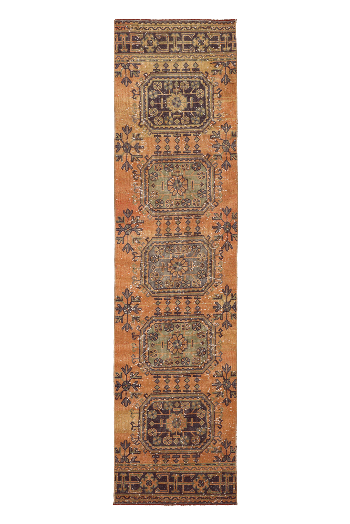 Vintage Konya Turkish Runner Rug 2x10 ft — Orange Geometric