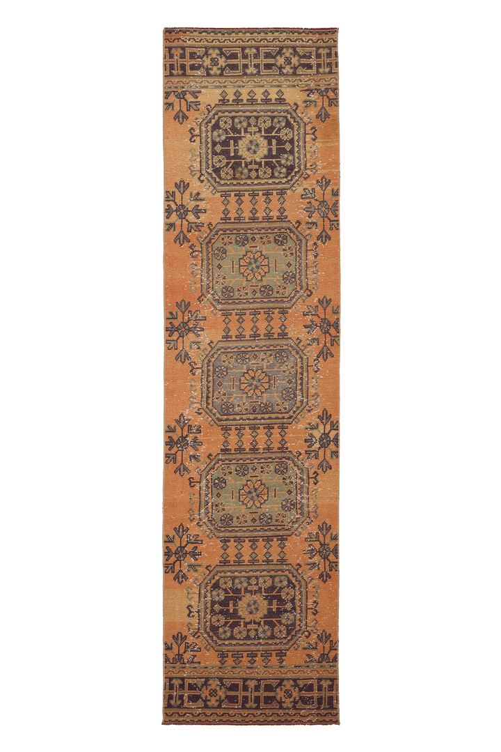 Vintage Konya Turkish Runner Rug 2x10 ft — Orange Geometric