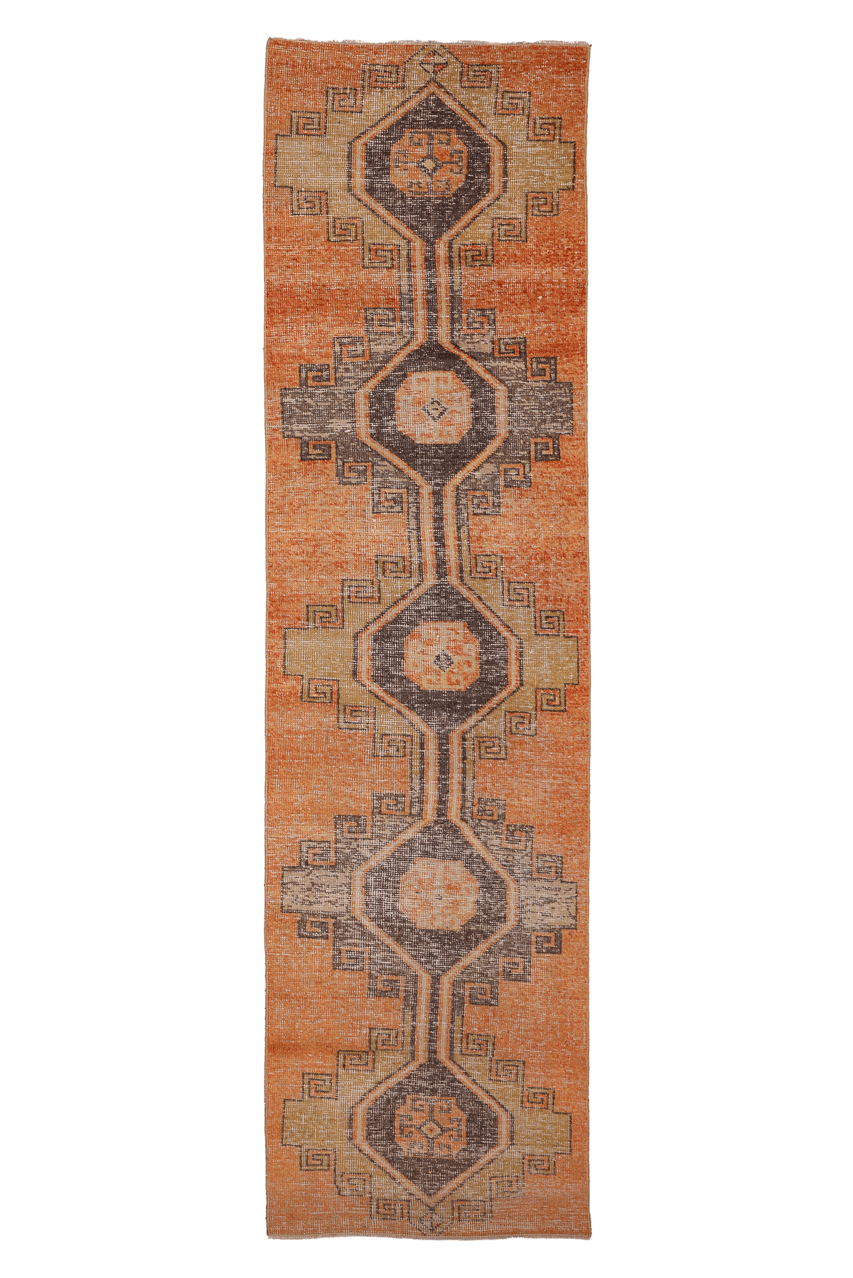 Vintage Malatya Turkish Runner Rug 2x11 ft — Orange & Brown Geometric