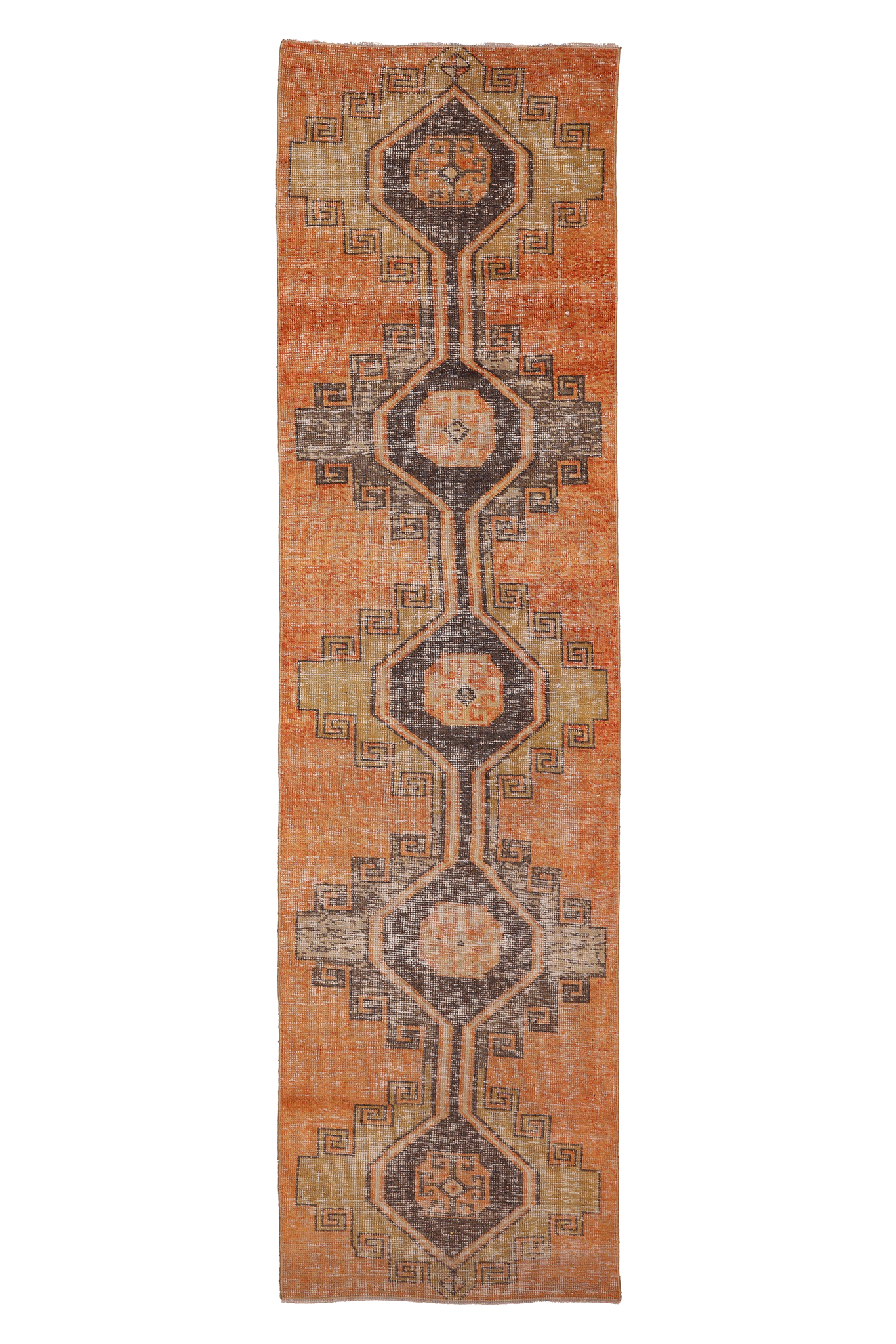 Vintage Malatya Turkish Runner Rug 2x11 ft — Orange & Brown Geometric