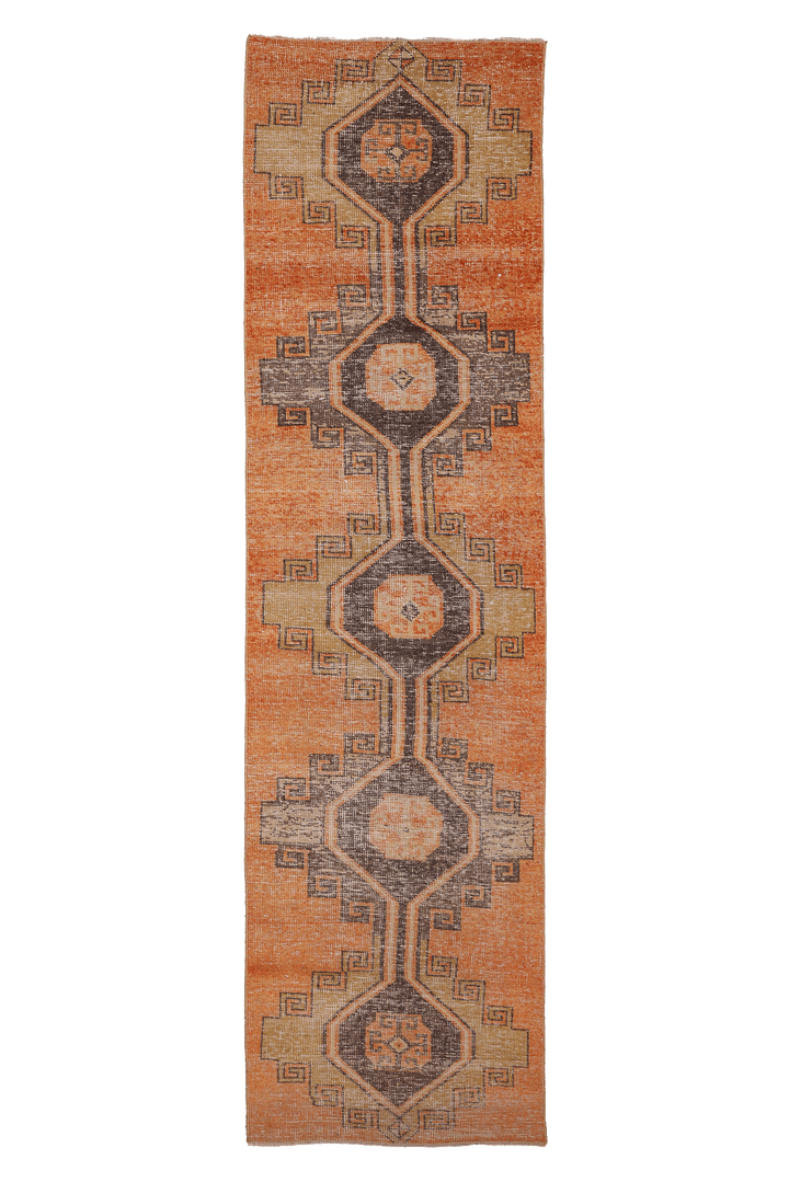 Vintage Malatya Turkish Runner Rug 2x11 ft — Orange & Brown Geometric