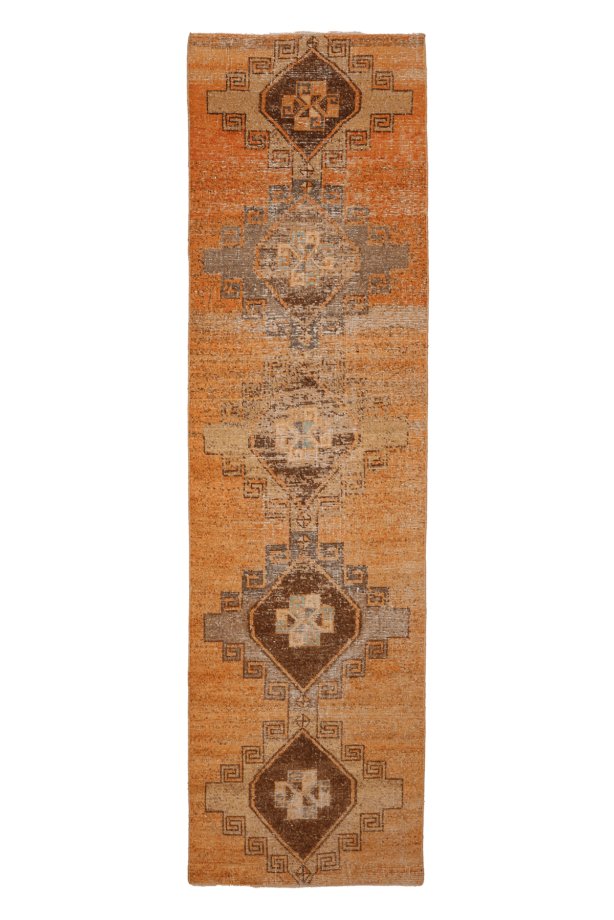 Vintage Malatya Turkish Runner Rug 2x10 ft — Orange & Brown Geometric