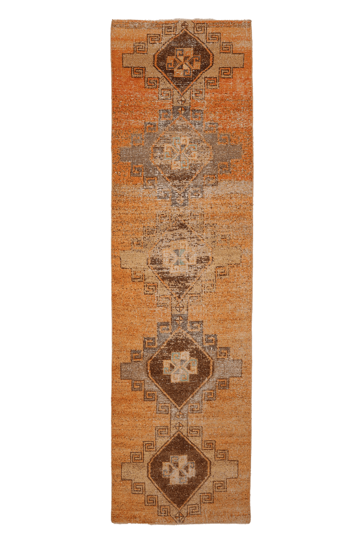 Vintage Malatya Turkish Runner Rug 2x10 ft — Orange & Brown Geometric
