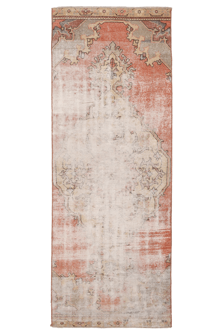 Vintage Nevşehir Turkish Runner Rug 1x3 ft — Beige & Orange Distressed