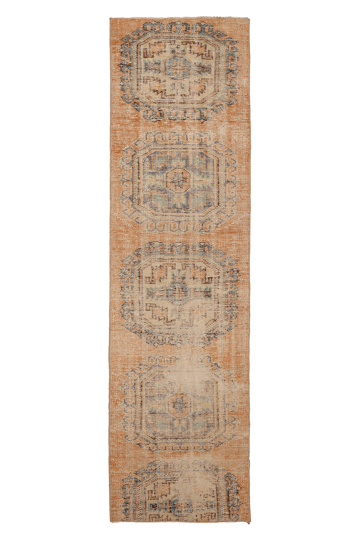 Vintage Konya Turkish Runner Rug 2x9 ft — Orange & Blue Distressed