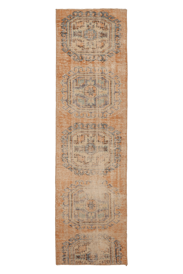 Vintage Konya Turkish Runner Rug 2x9 ft — Orange & Blue Distressed