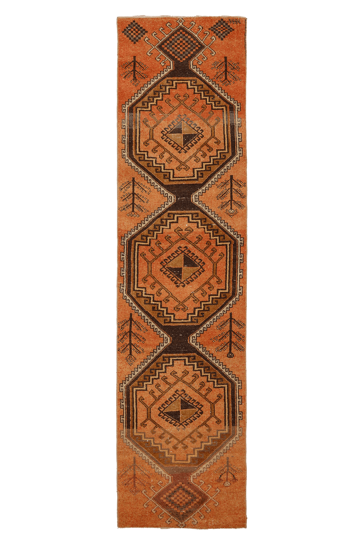 Vintage Malatya Turkish Runner Rug 2x9 ft — Orange & Brown Geometric