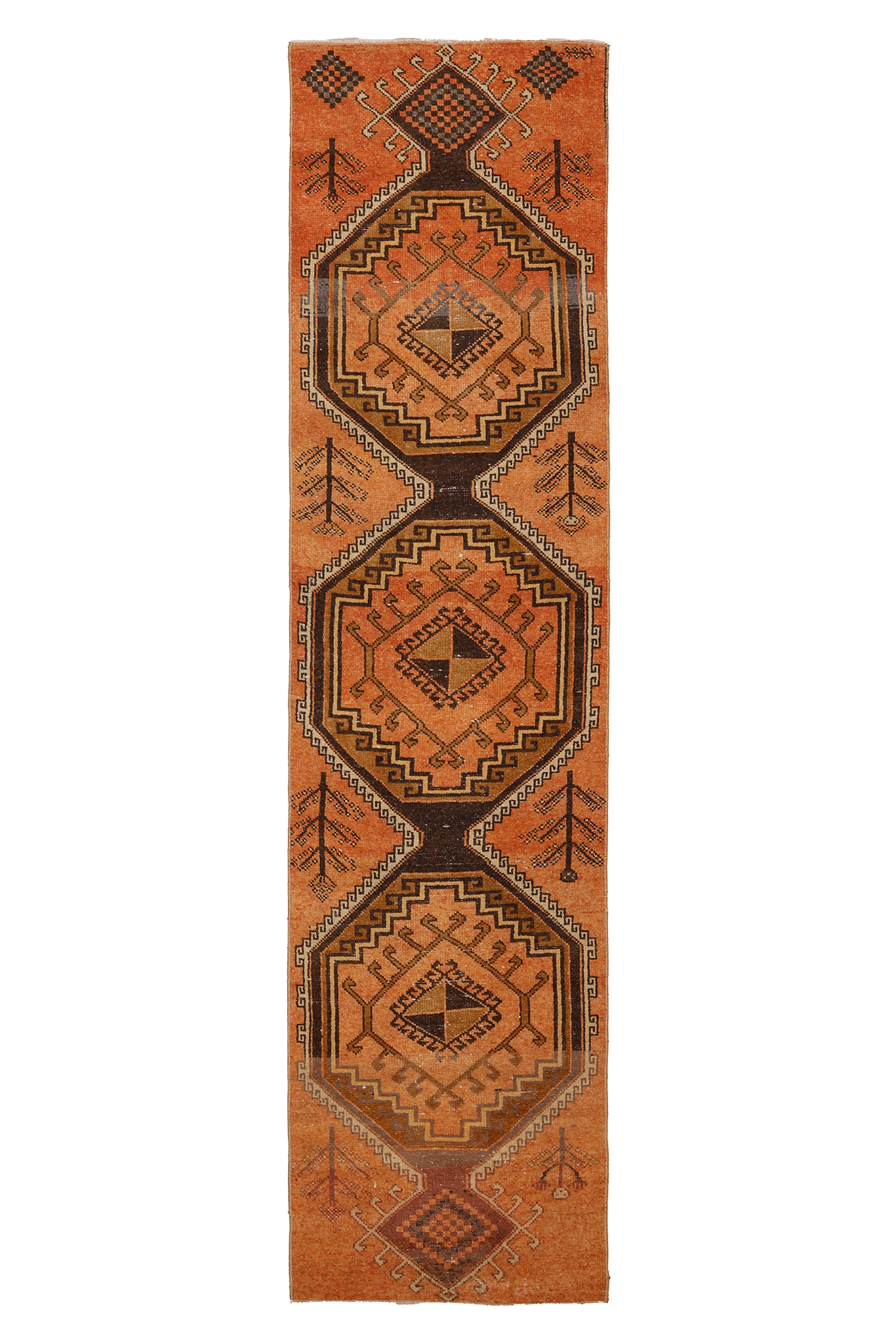 Vintage Malatya Turkish Runner Rug 2x9 ft — Orange & Brown Geometric