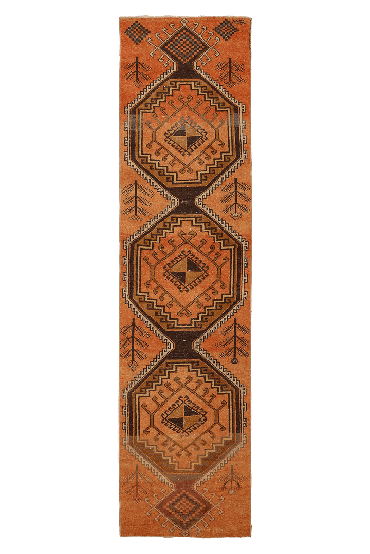 Vintage Malatya Turkish Runner Rug 2x9 ft — Orange & Brown Geometric