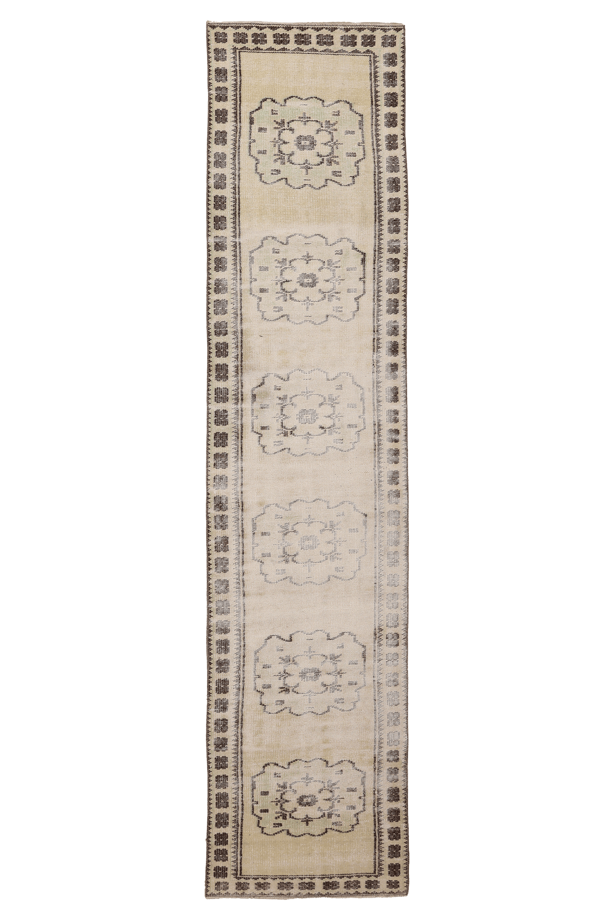 Vintage Manisa Turkish Runner Rug 2x11 ft — Beige & Brown Floral