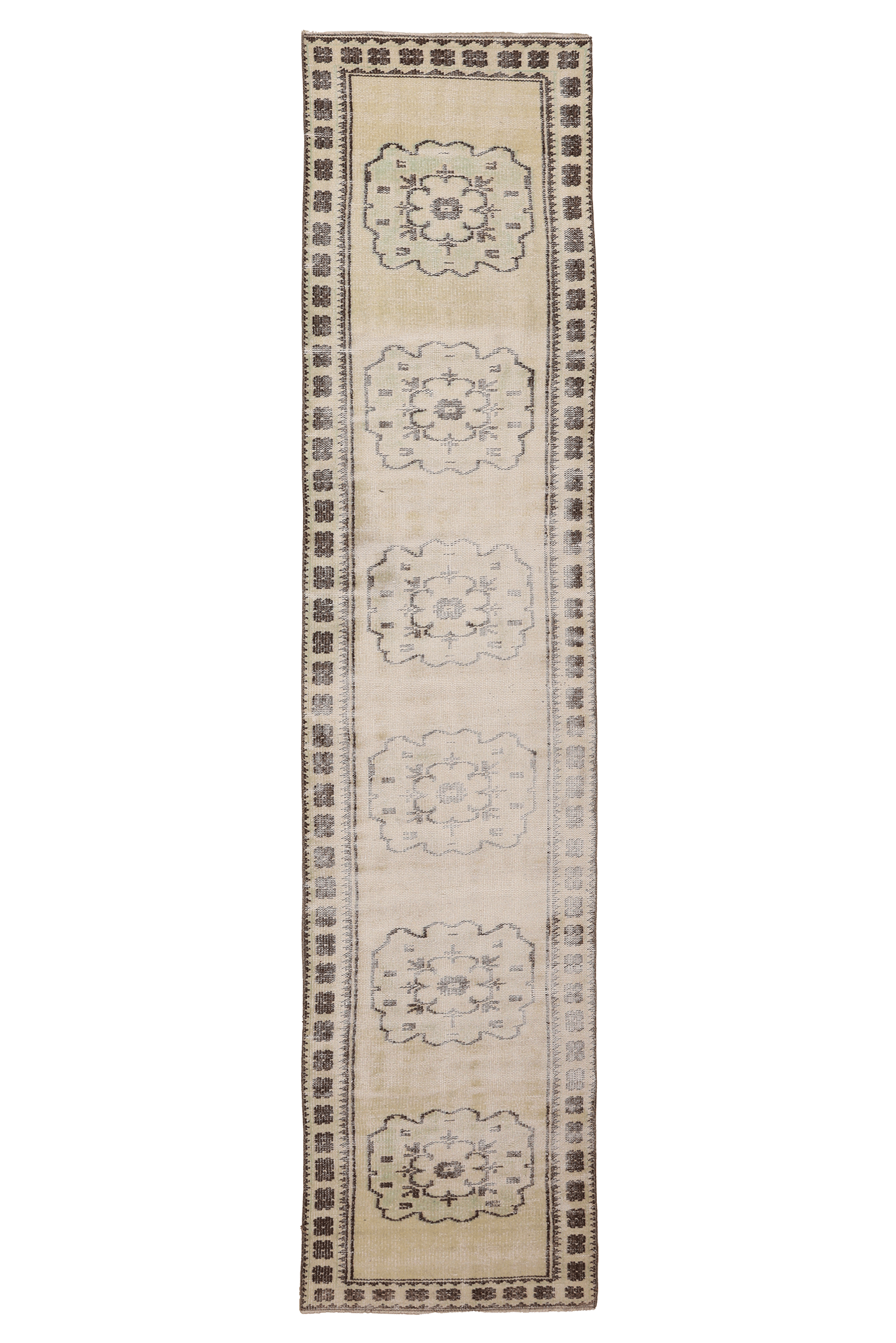 Vintage Manisa Turkish Runner Rug 2x11 ft — Beige & Brown Floral