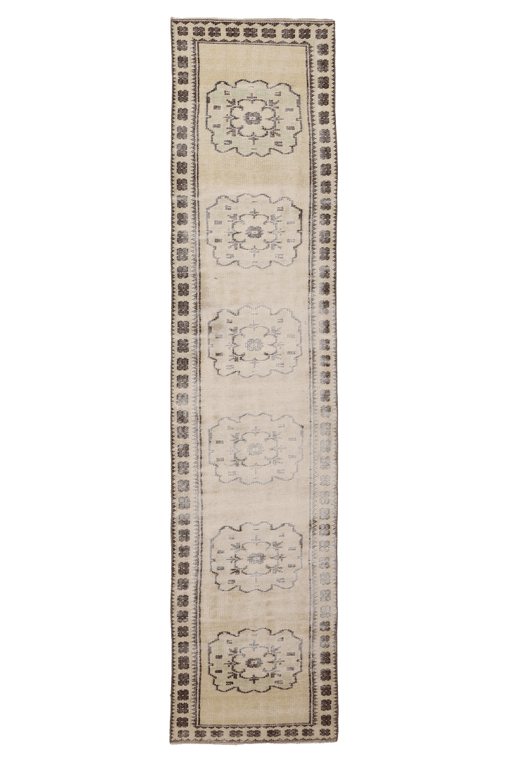 Vintage Manisa Turkish Runner Rug 2x11 ft — Beige & Brown Floral