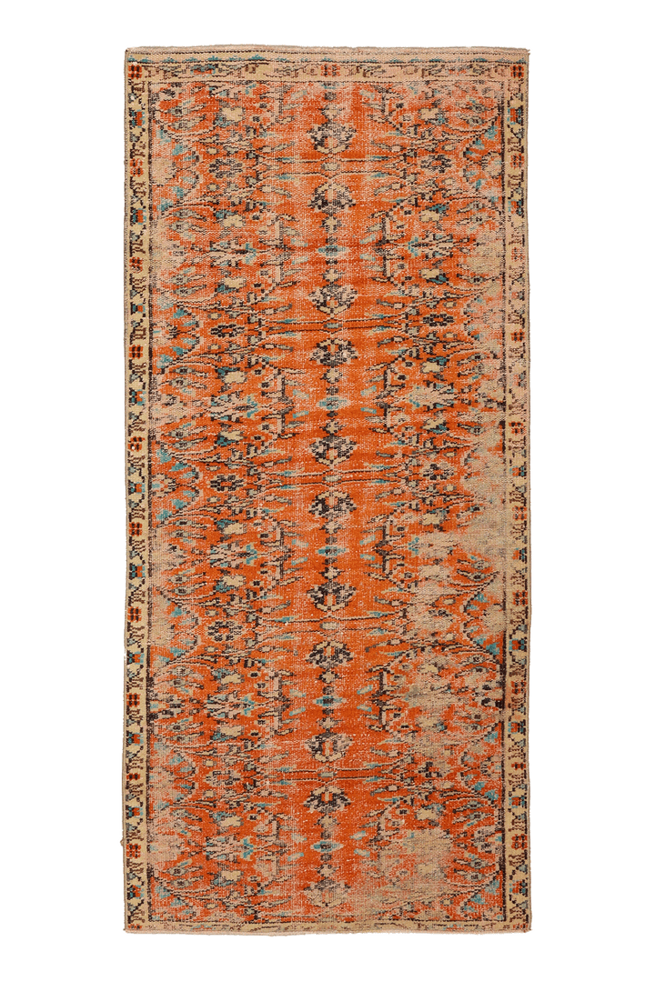 Vintage Manisa Turkish Runner Rug 3x6 ft — Orange & Blue Floral