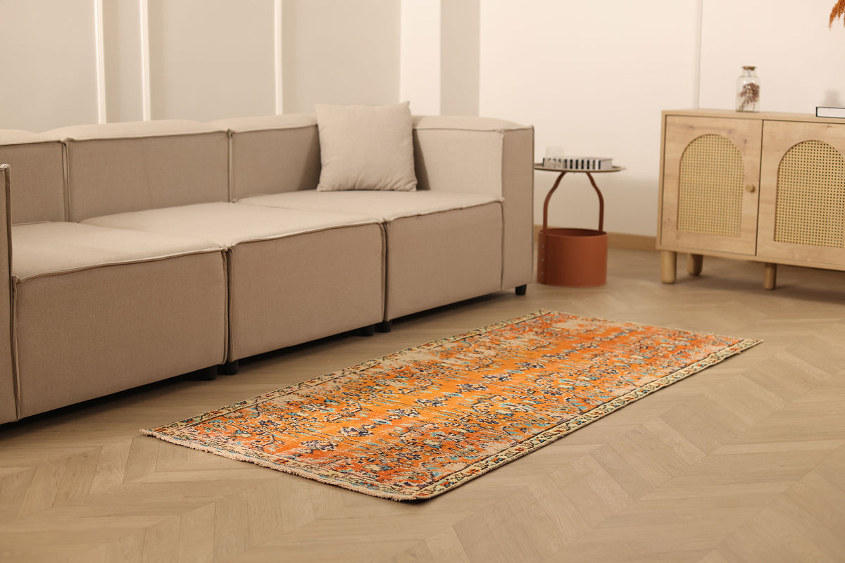 Vintage Manisa Turkish Runner Rug 3x6 ft — Orange & Blue Floral