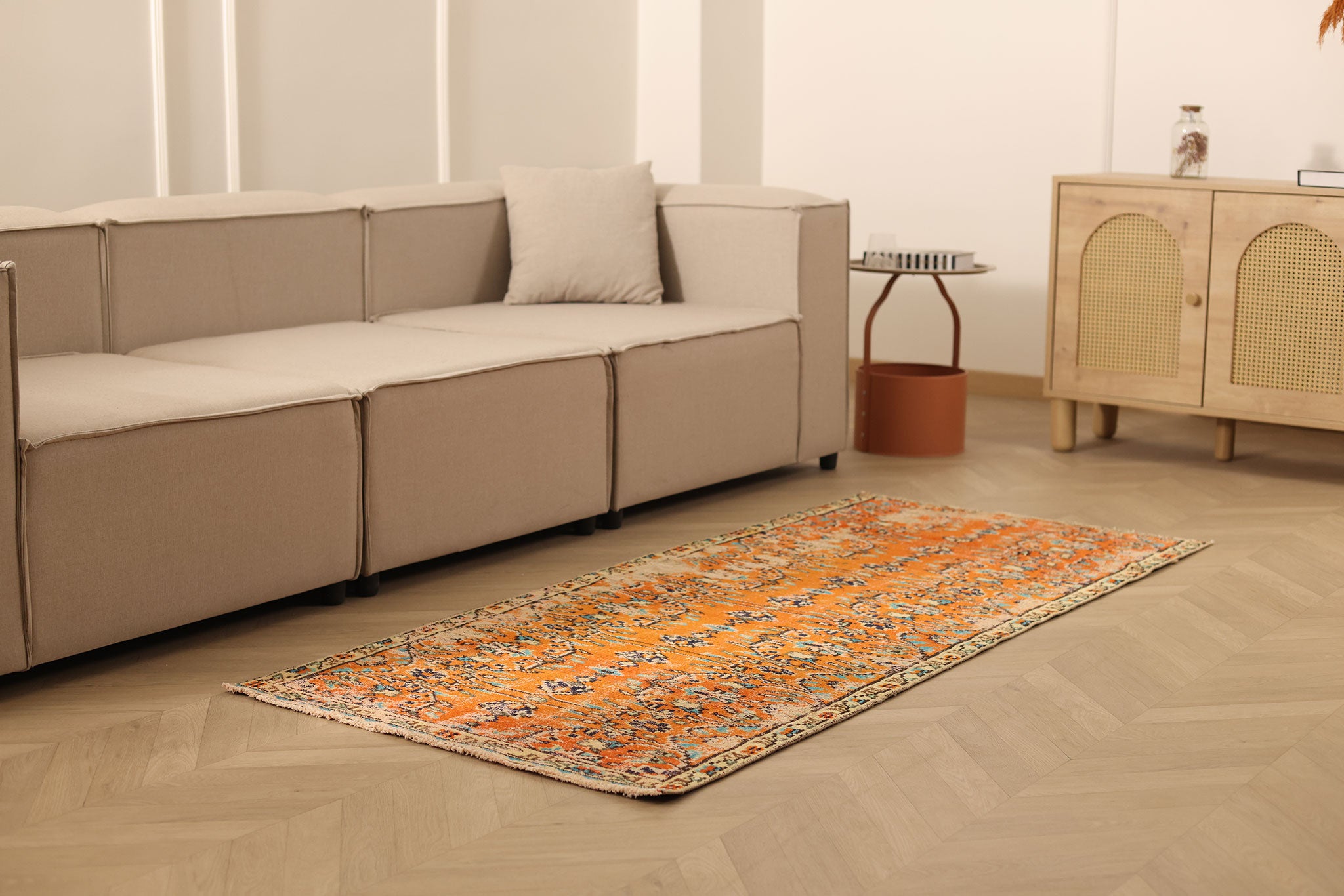 Vintage Manisa Turkish Runner Rug 3x6 ft — Orange & Blue Floral