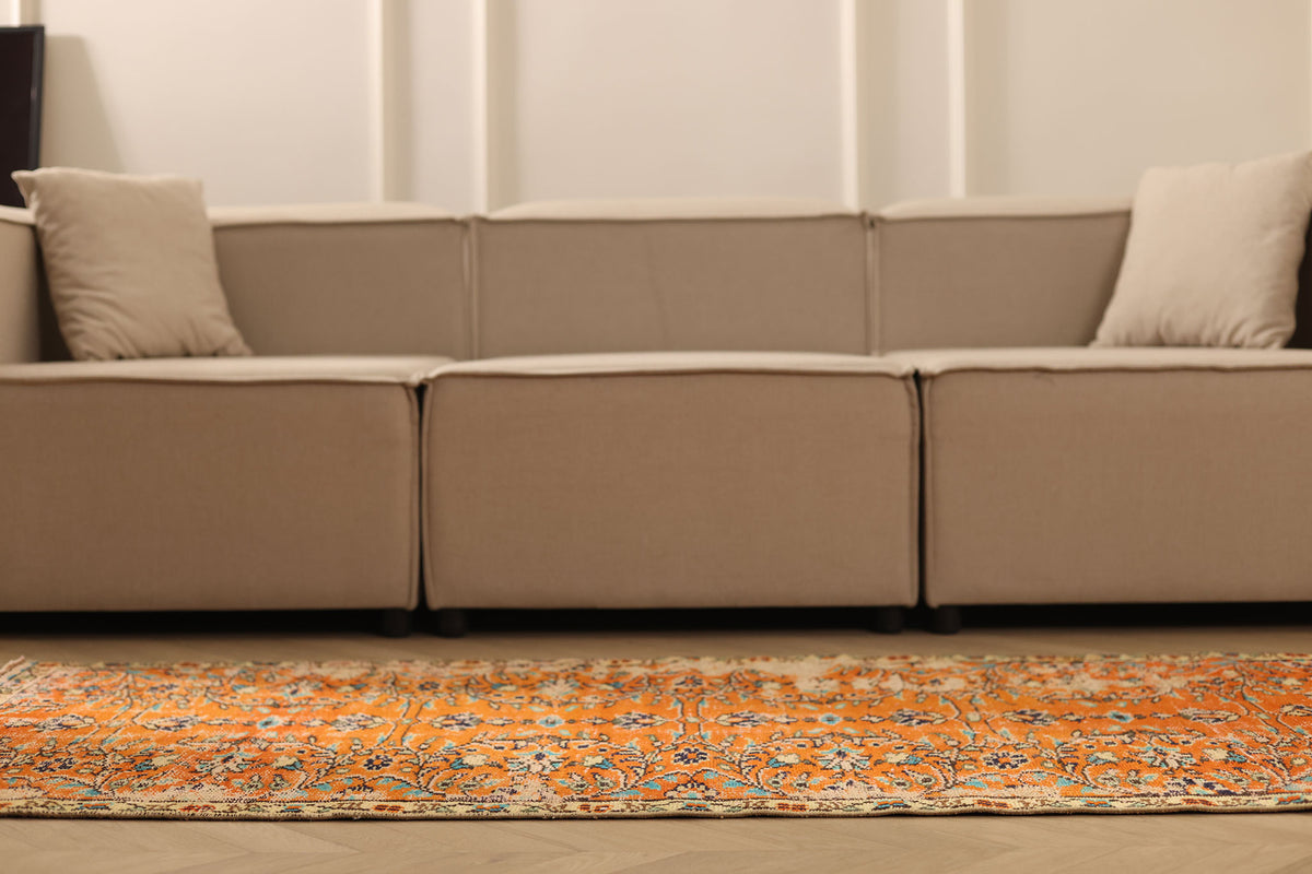 Vintage Manisa Turkish Runner Rug 3x6 ft — Orange & Blue Floral