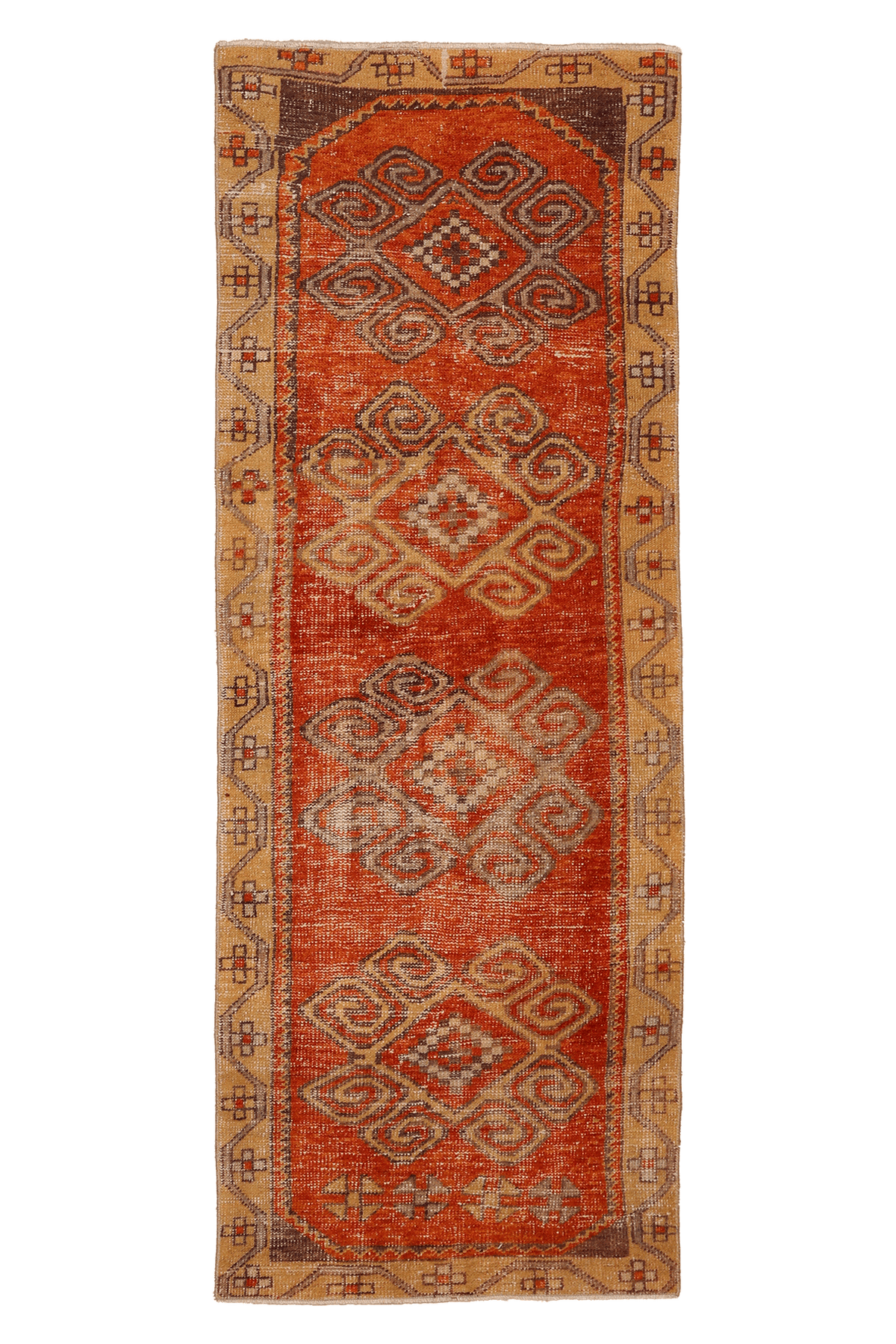 Vintage Malatya Turkish Runner Rug 2x7 ft — Orange & Beige Geometric